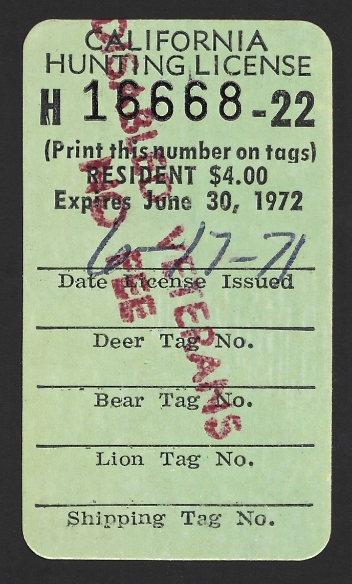  1971-72 (Type III) No Fee California Hunting License Validating Stamp