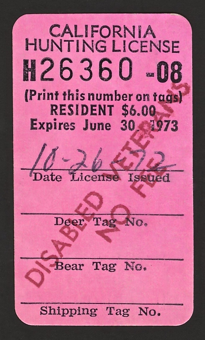  1972-73 (Type III) No Fee California Hunting License Validating Stamp
