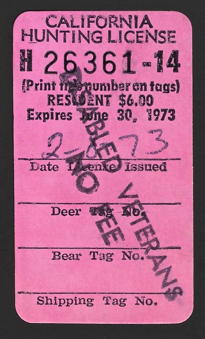  1972-73 (Type III) No Fee California Hunting License Validating Stamp black overprint