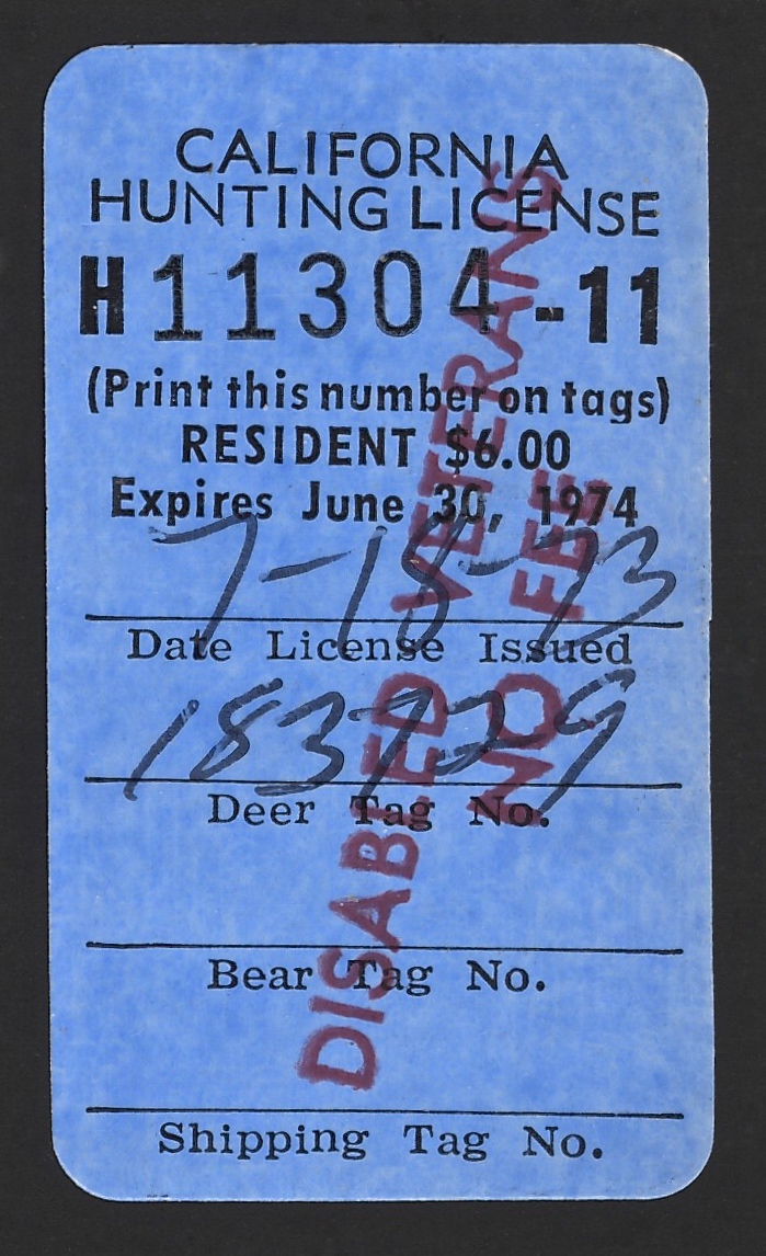 1973-74 (Type III) No Fee California Hunting License Validating Stamp