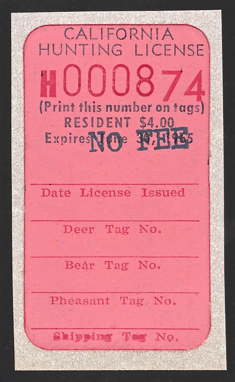 1964-65 No Fee California Hunting License Validating Stamp