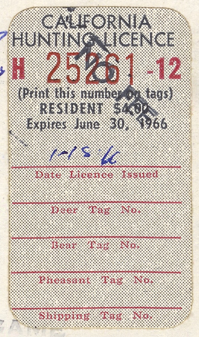 1965-66 (Type II ) No Fee California Hunting License Validating Stamp