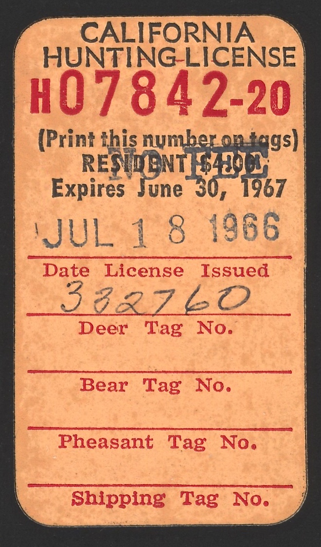  1966-67 (Type II ) No Fee California Hunting License Validating Stamp