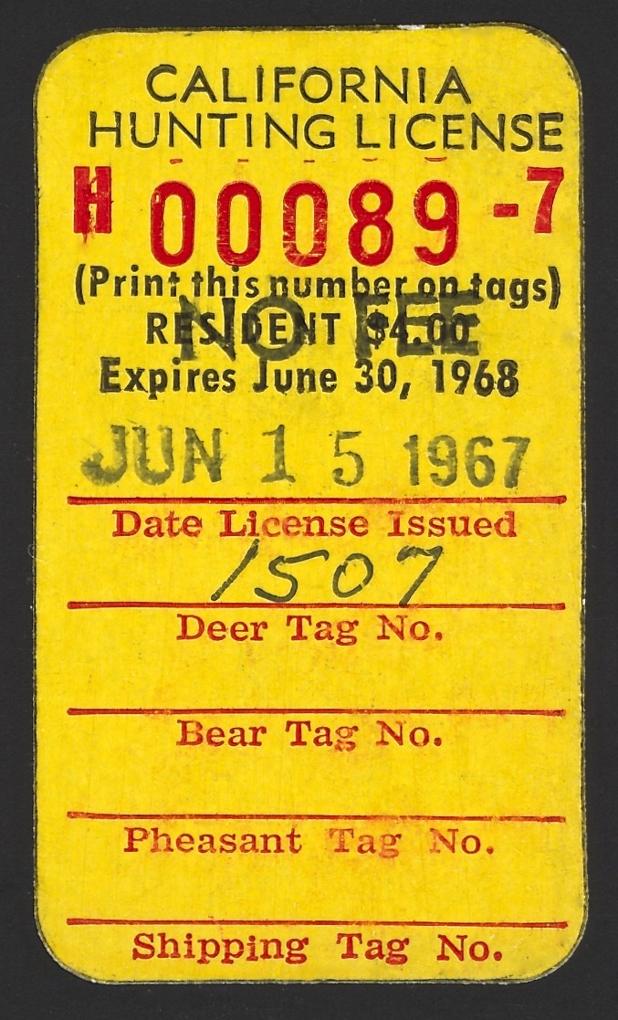  1967-68 (Type II ) No Fee California Hunting License Validating Stamp