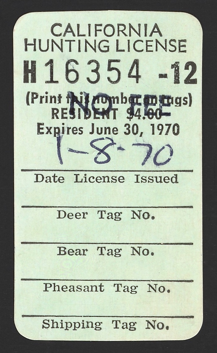  1969-70 (Type II ) No Fee California Hunting License Validating Stamp