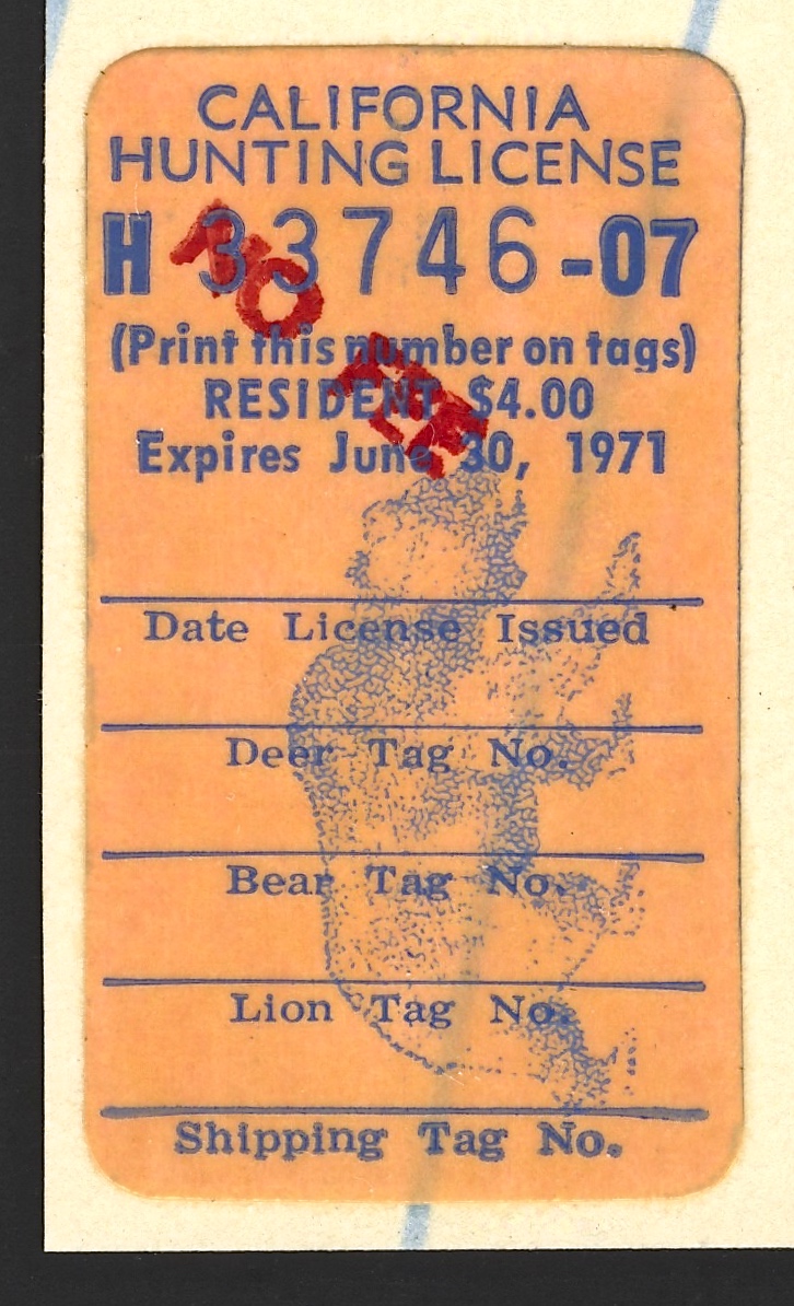 1970-71 (Type II ) No Fee California Hunting License Validating Stamp