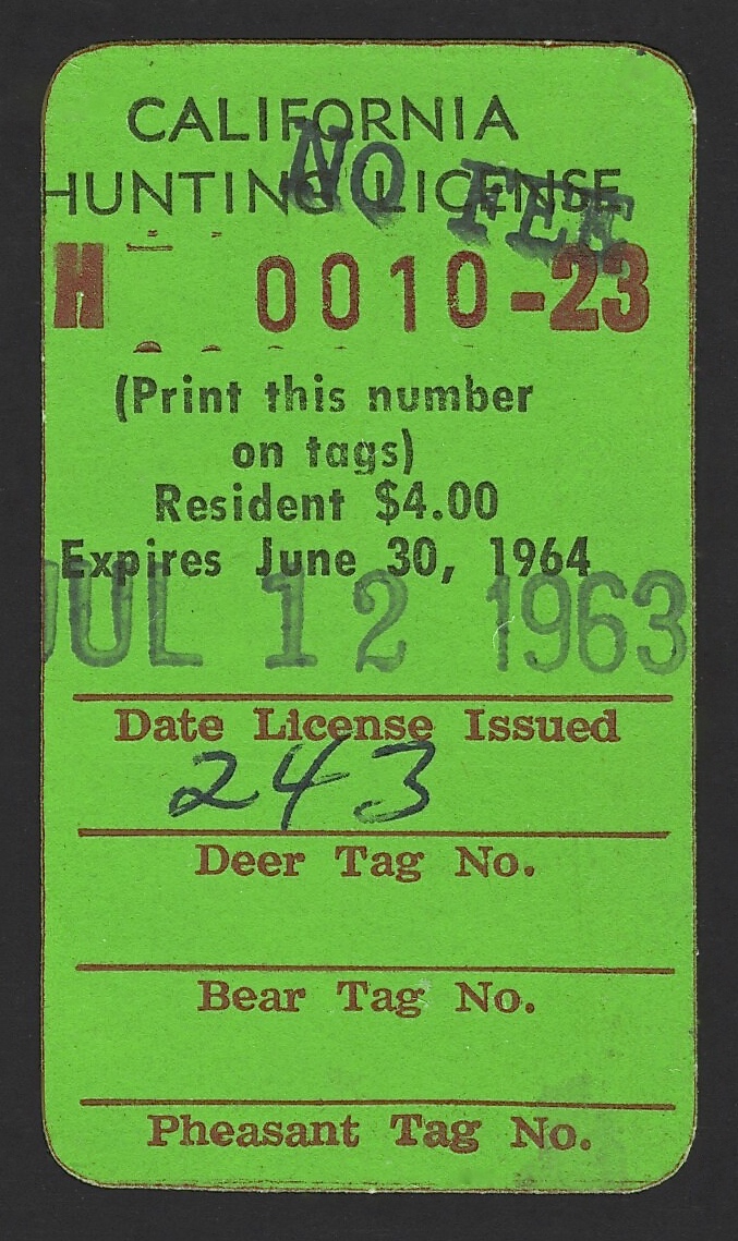 1963-64 No Fee California Hunting License Validating Stamp