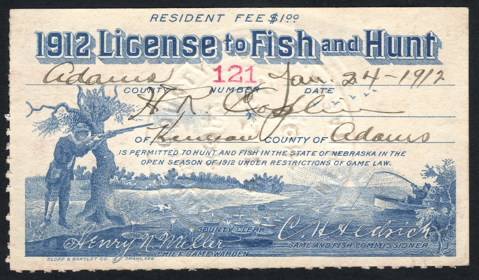 Nebraska 1912 License to Fish and Hunt