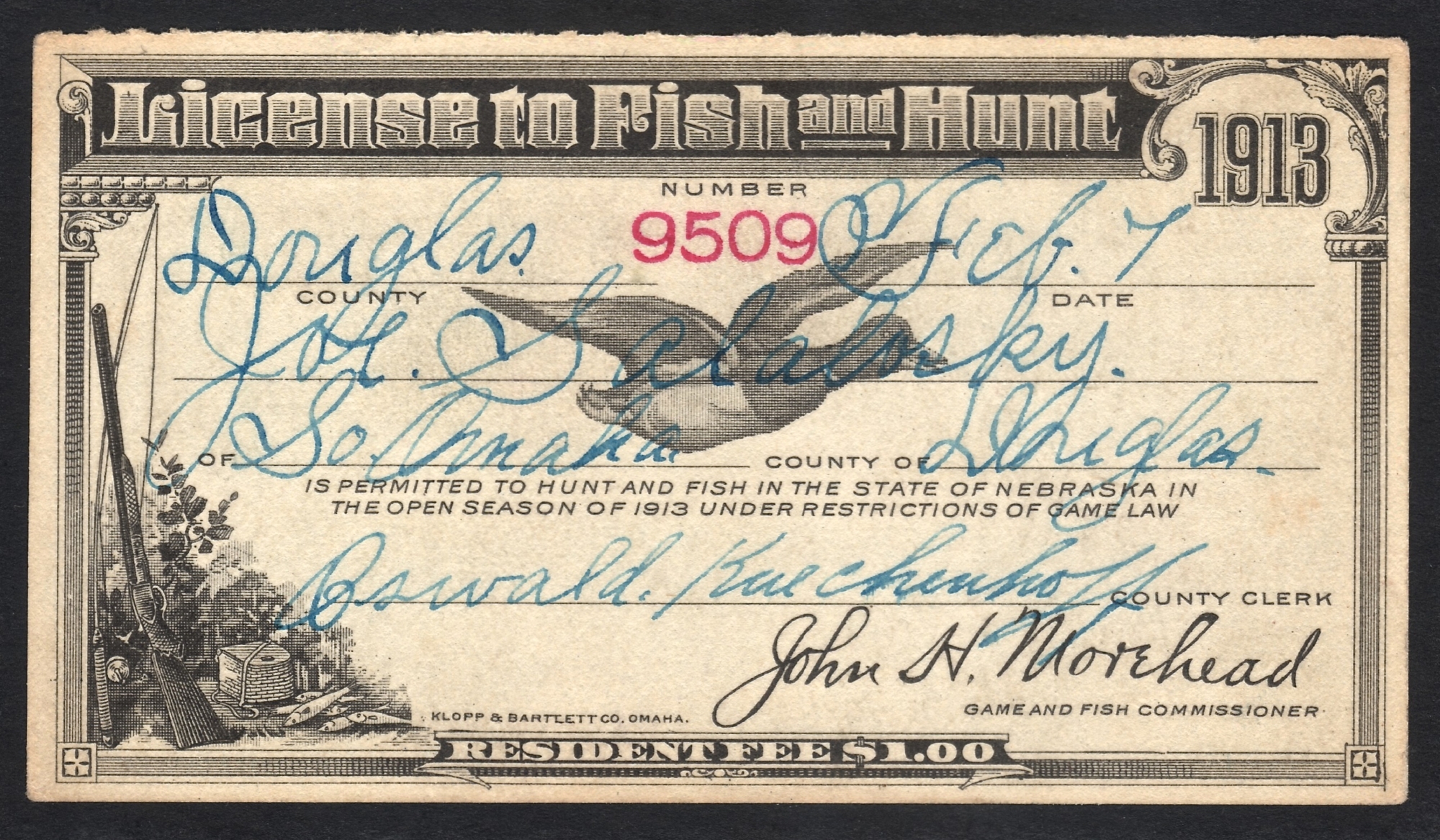 Booklet Type Nebraska 1913 License to Fish and Hunt