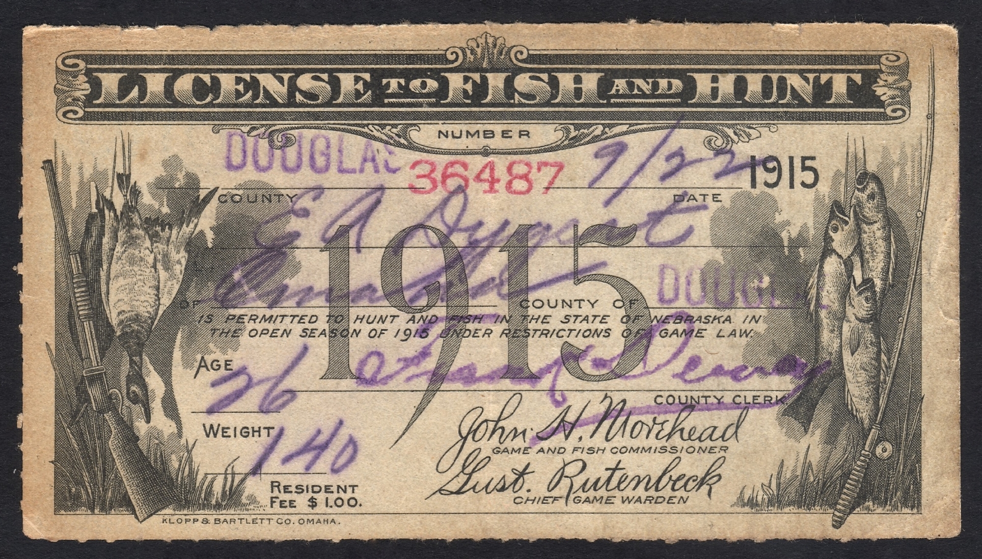 Nebraska 1915 License to Fish and Hunt