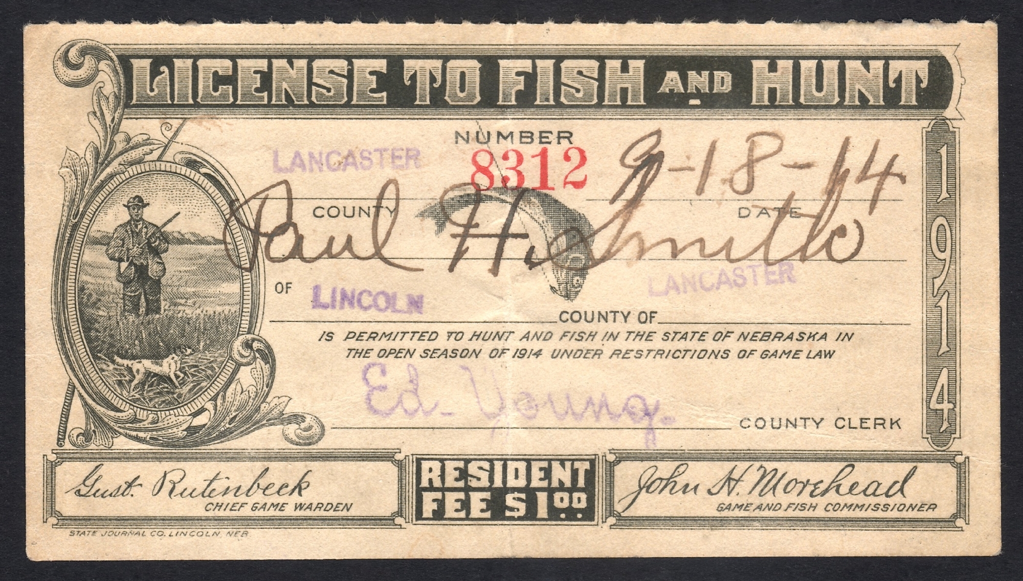 Booklet Type Nebraska 1914 License to Fish and Hunt