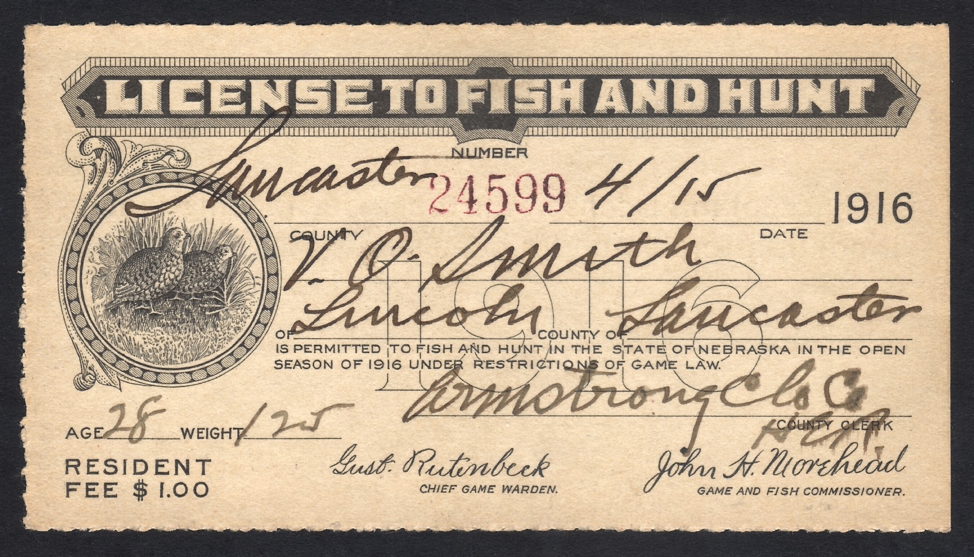 Nebraska 1916 License to Fish and Hunt