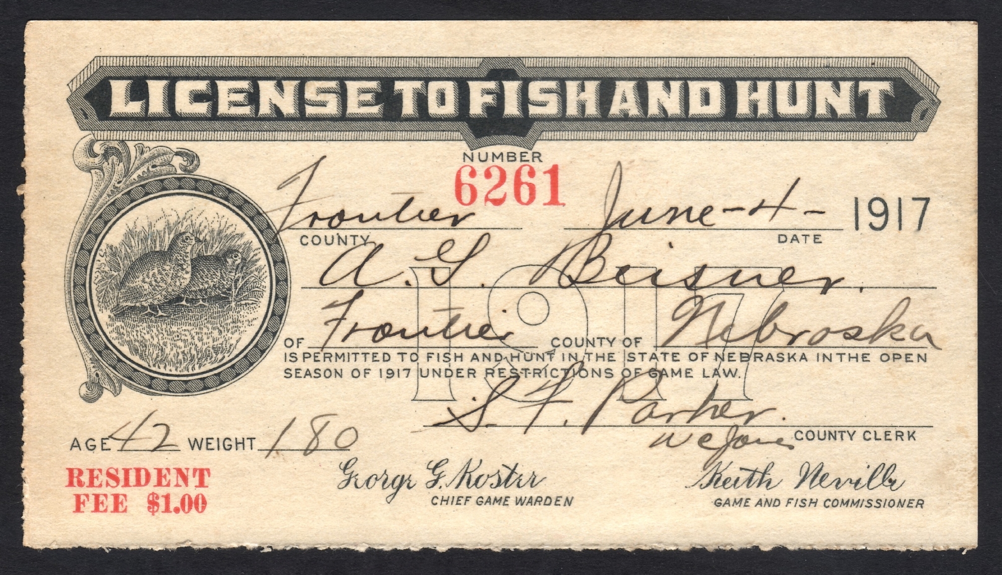 Nebraska 1917 License to Fish and Hunt