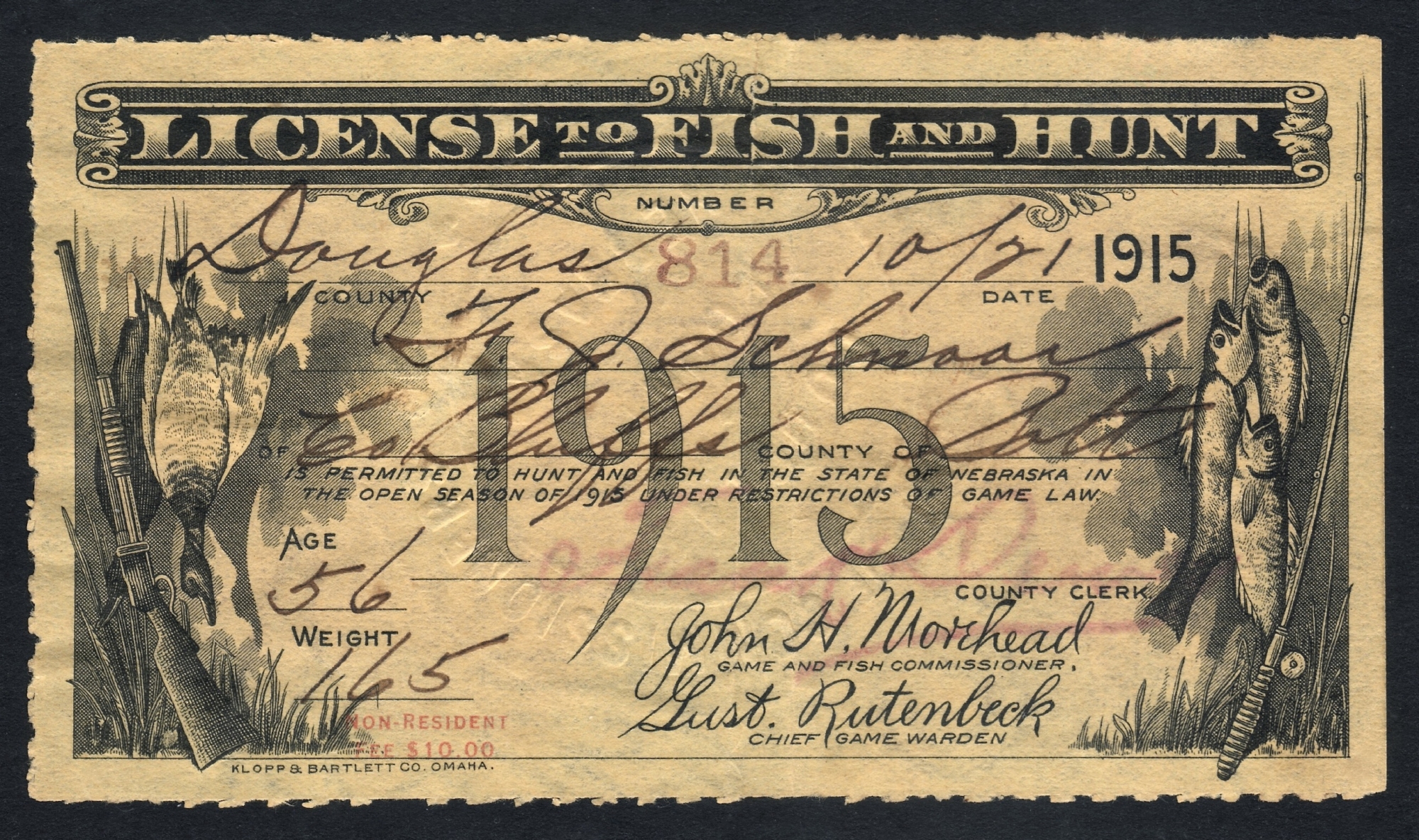 Nebraska NR 1915 License to Fish and Hunt