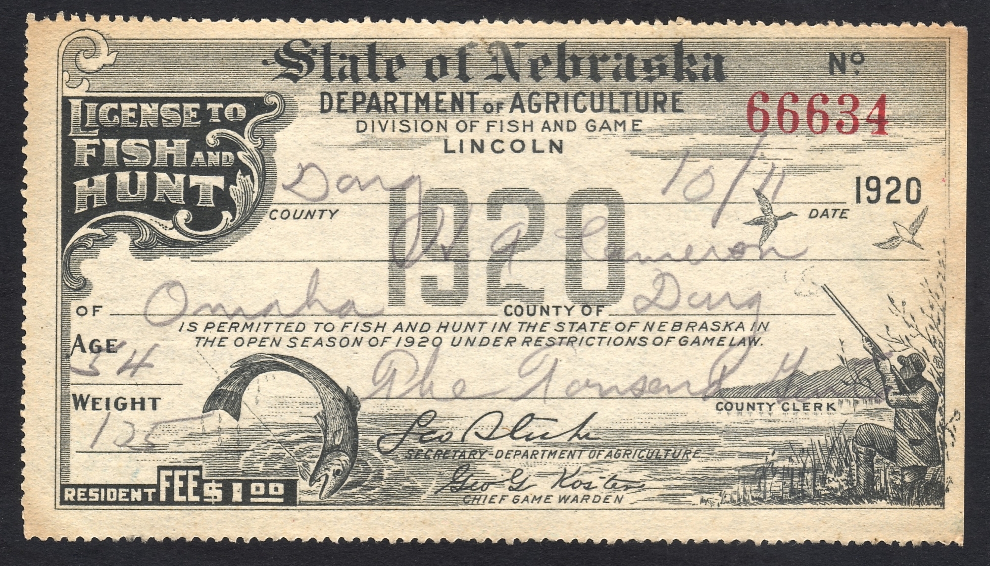 Nebraska 1920 License to Fish and Hunt