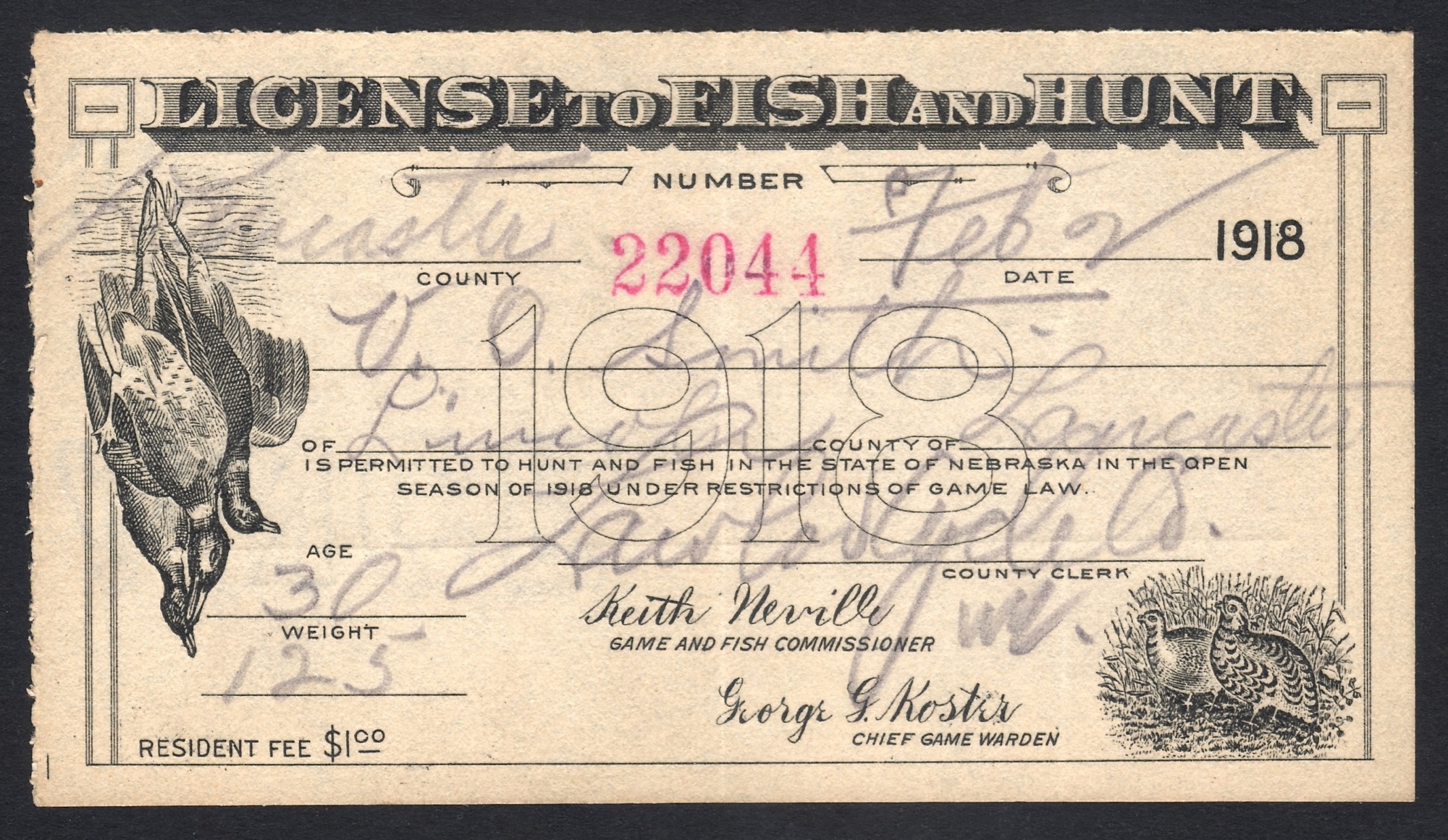 Nebraska 1918 License to Fish and Hunt