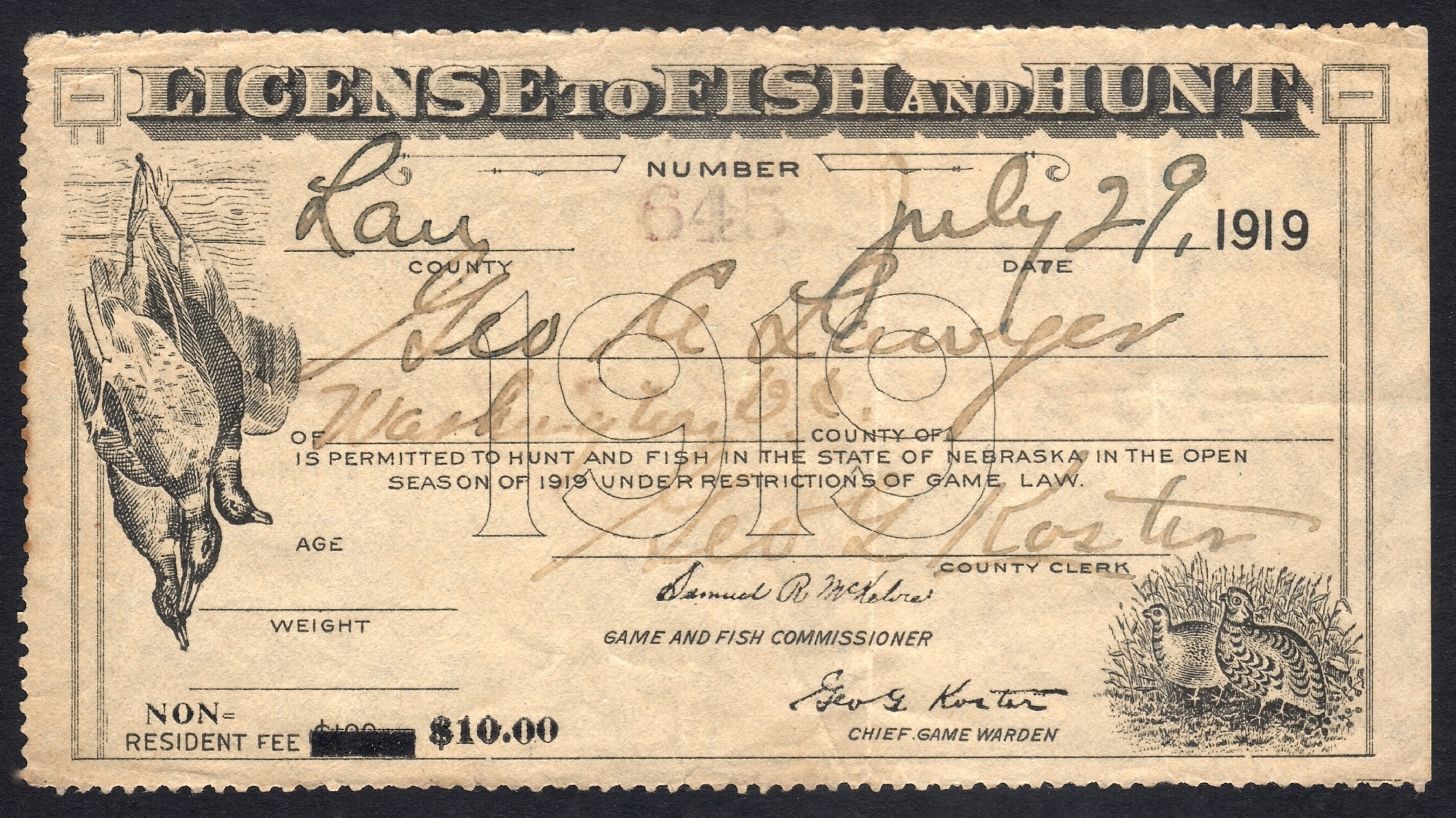Nebraska NR 1919 License to Fish and Hunt issued to George Lawyer