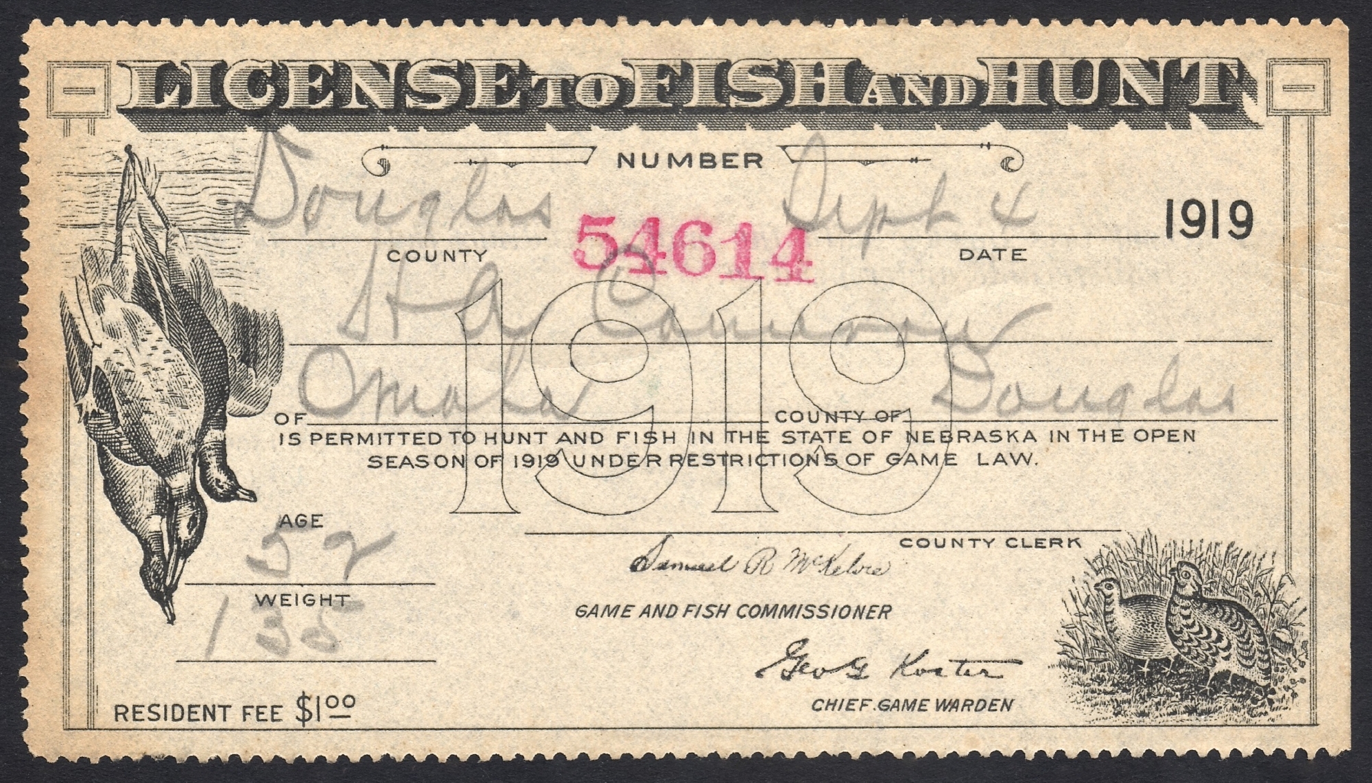 Nebraska 1919 License to Fish and Hunt