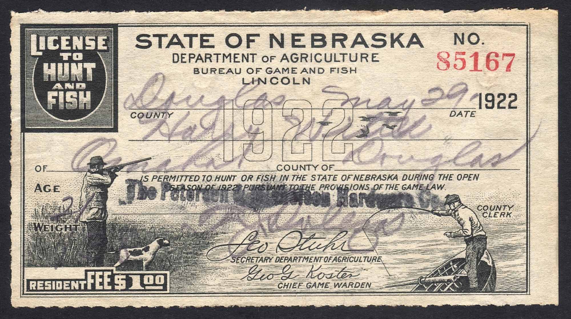Nebraska 1922 License to Fish and Hunt