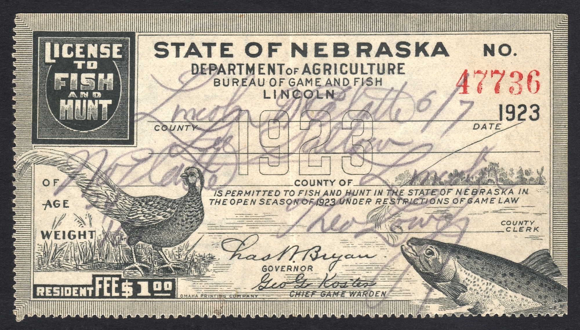Nebraska 1923 License to Fish and Hunt