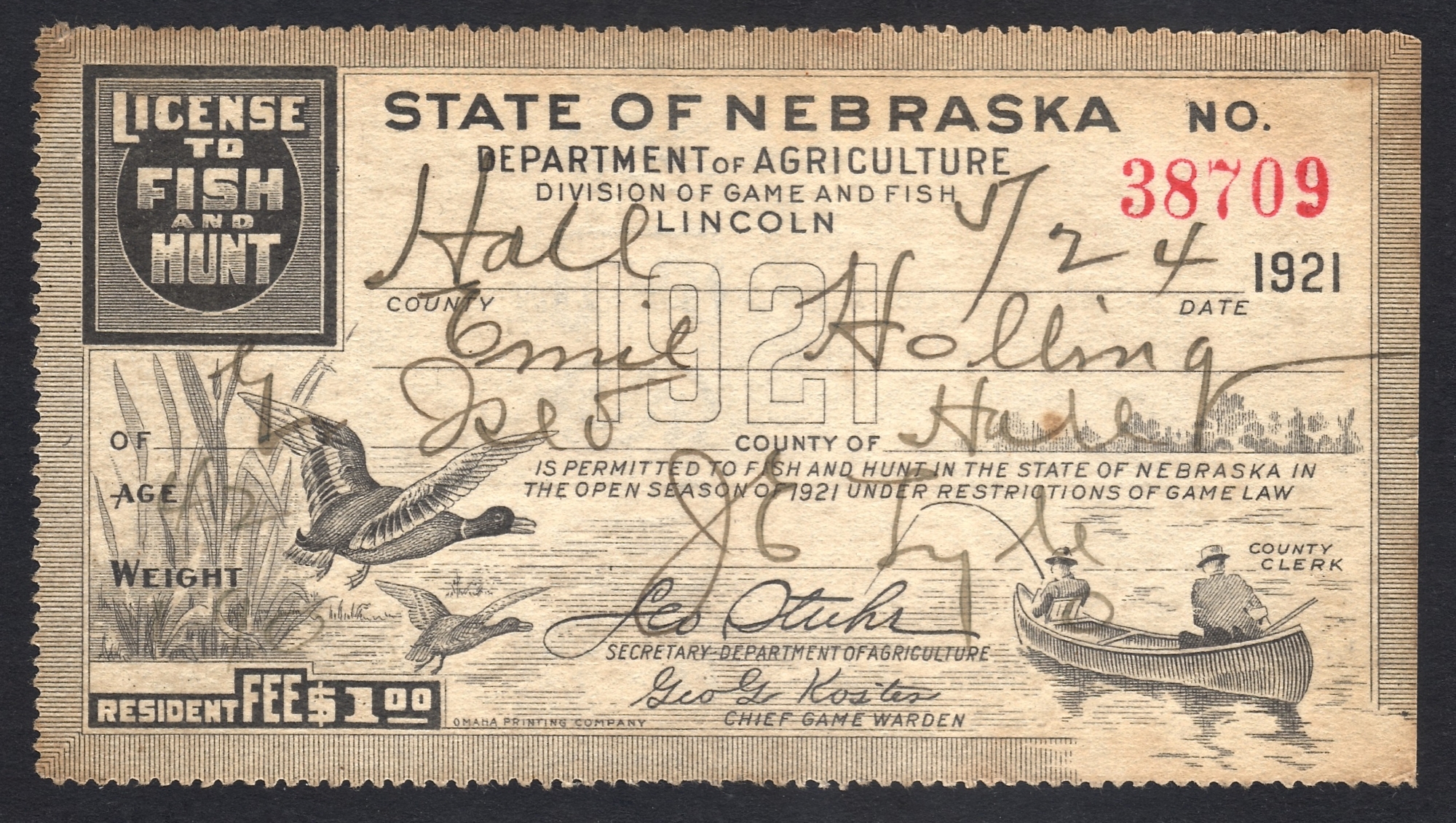 Nebraska 1921 License to Fish and Hunt