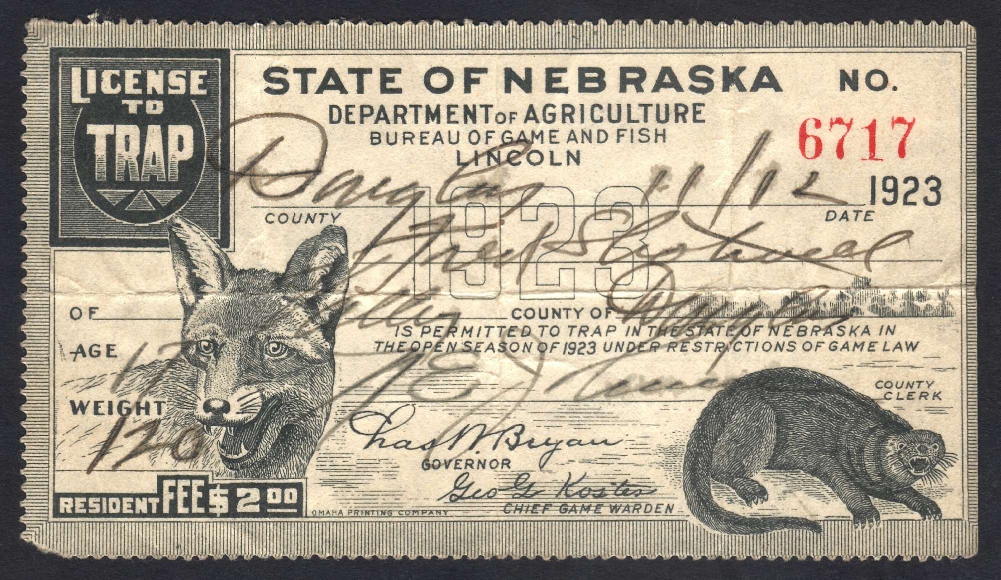Nebraska 1923 License to Trap