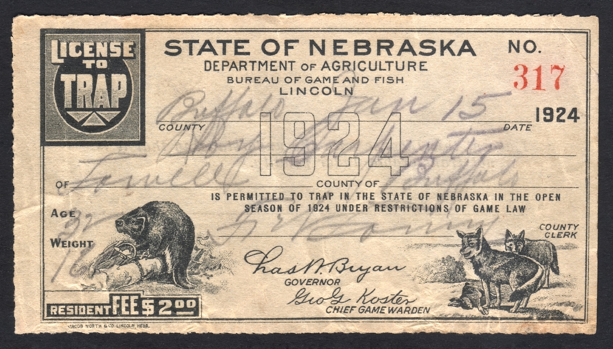 Nebraska 1924 License to Trap