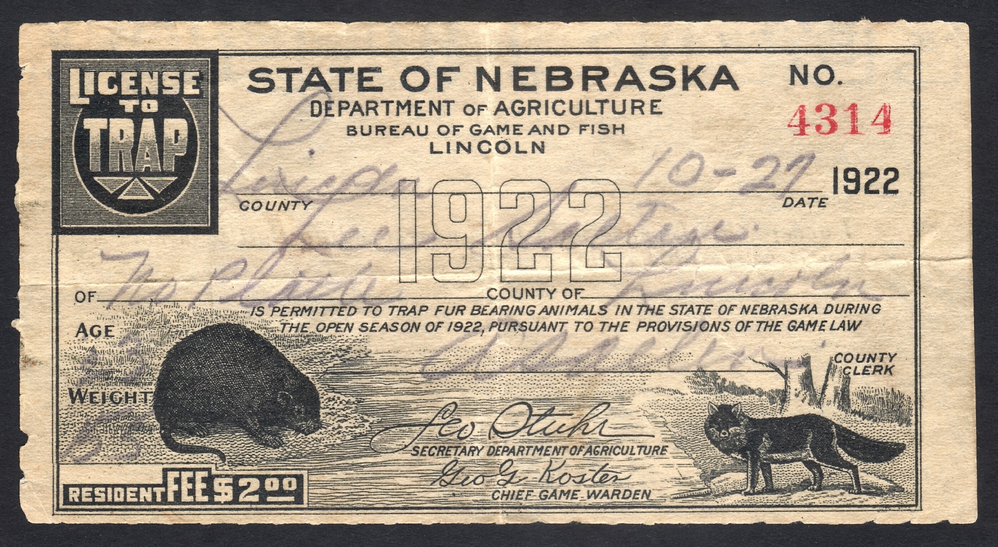 Nebraska 1922 License to Trap