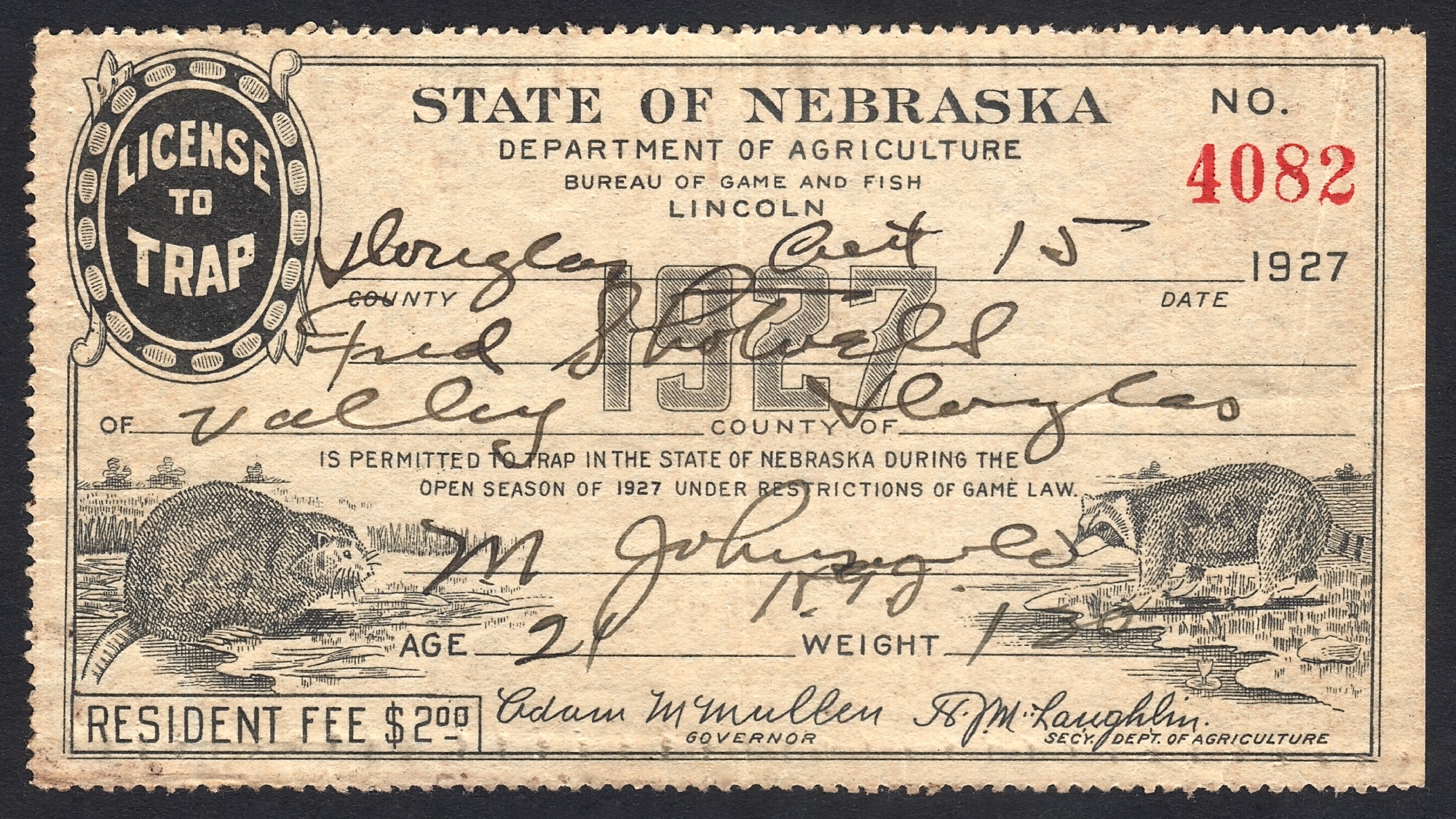 Nebraska 1927 License to Trap