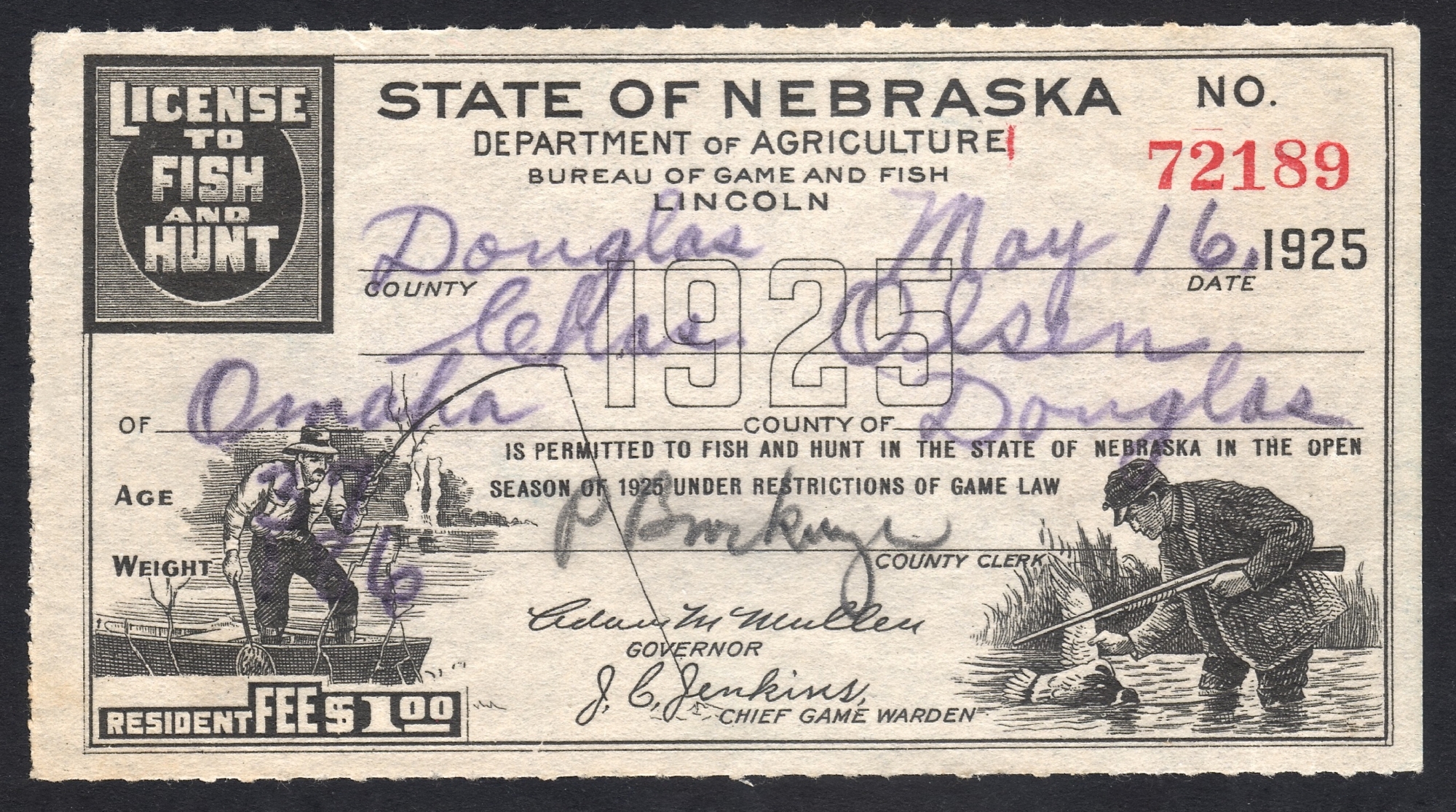 Nebraska 1925 License to Fish and Hunt