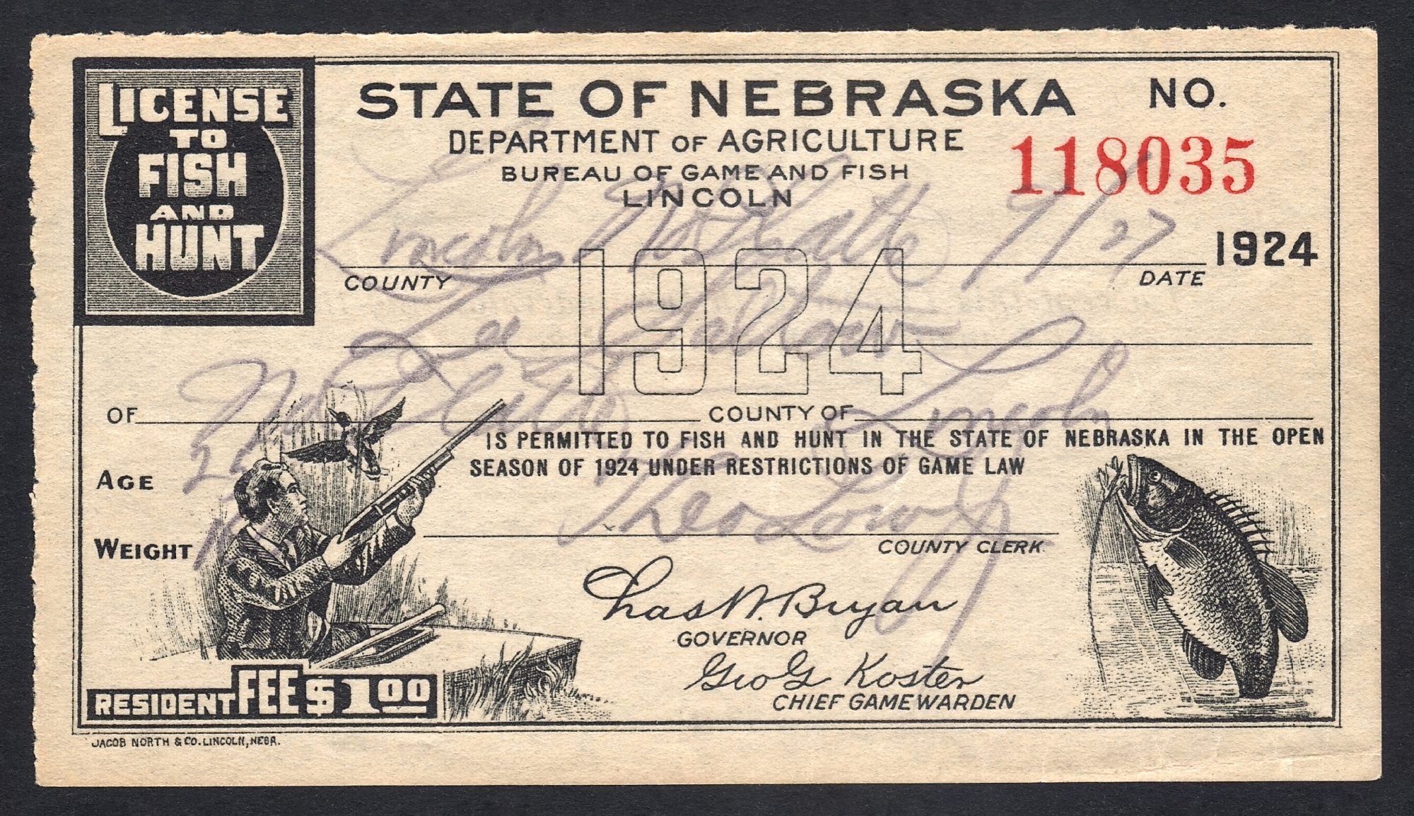 Nebraska 1924 License to Fish and Hunt