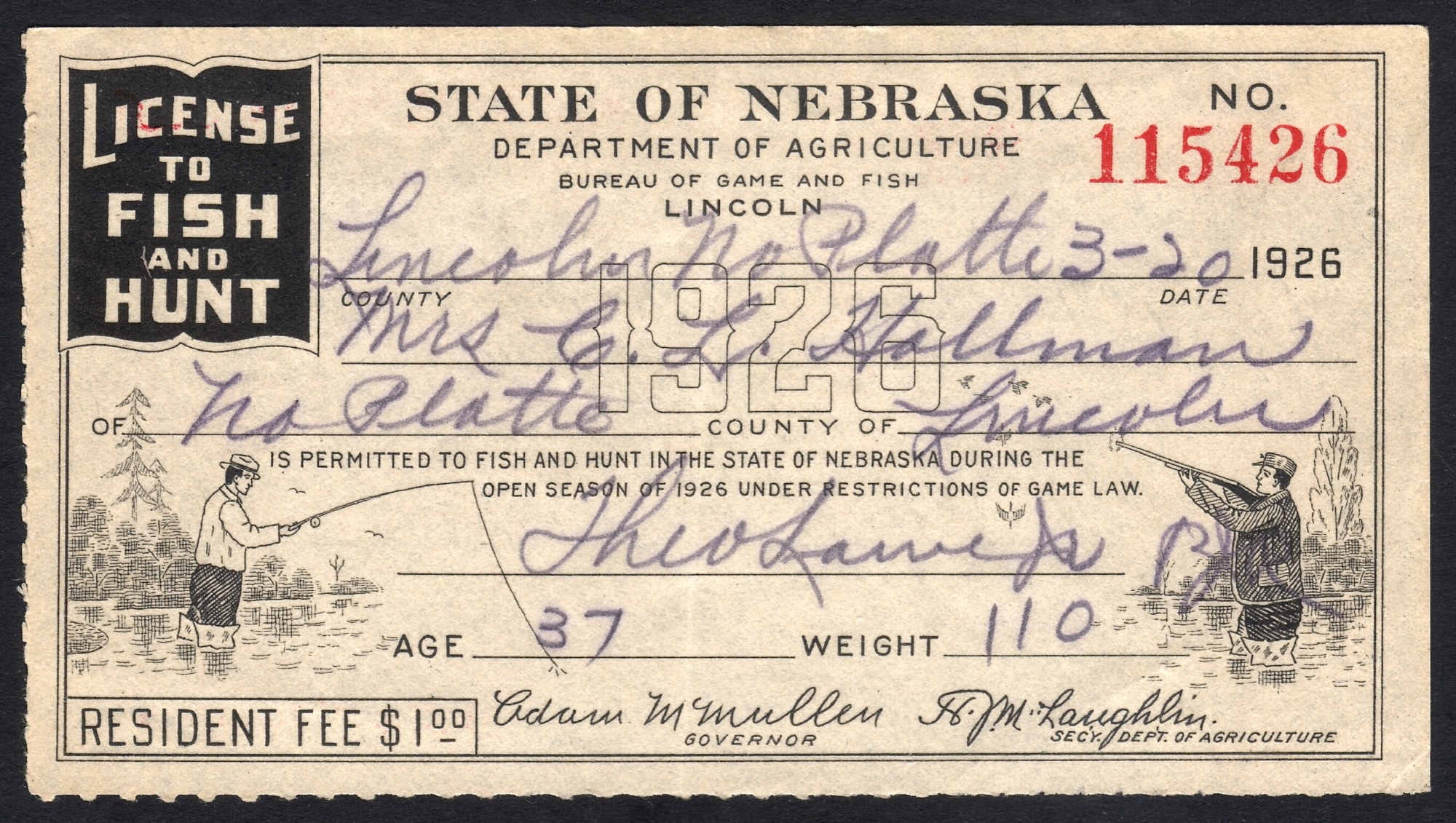 Nebraska 1926 License to Fish and Hunt