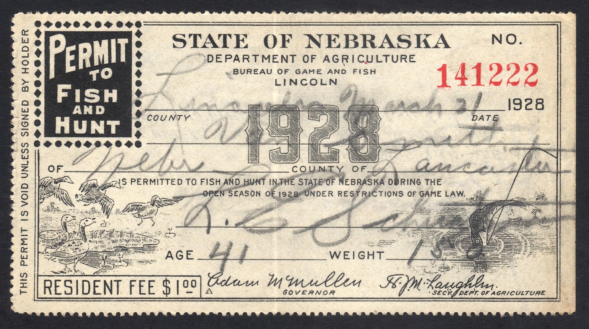 Nebraska 1928 License to Fish and Hunt