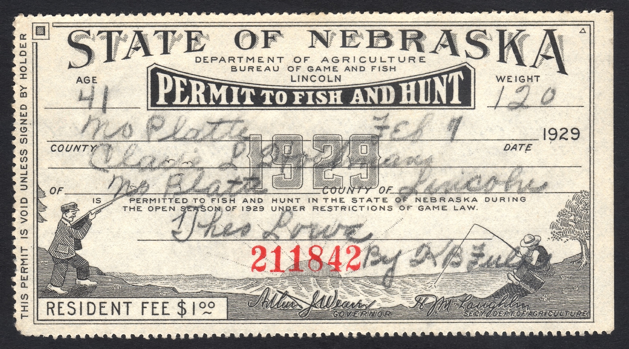 Nebraska 1929 License to Fish and Hunt