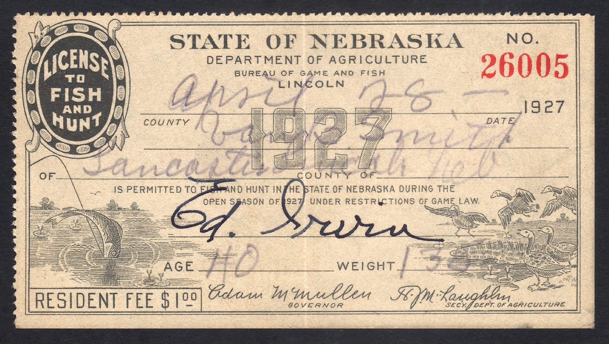 Nebraska 1927 License to Fish and Hunt