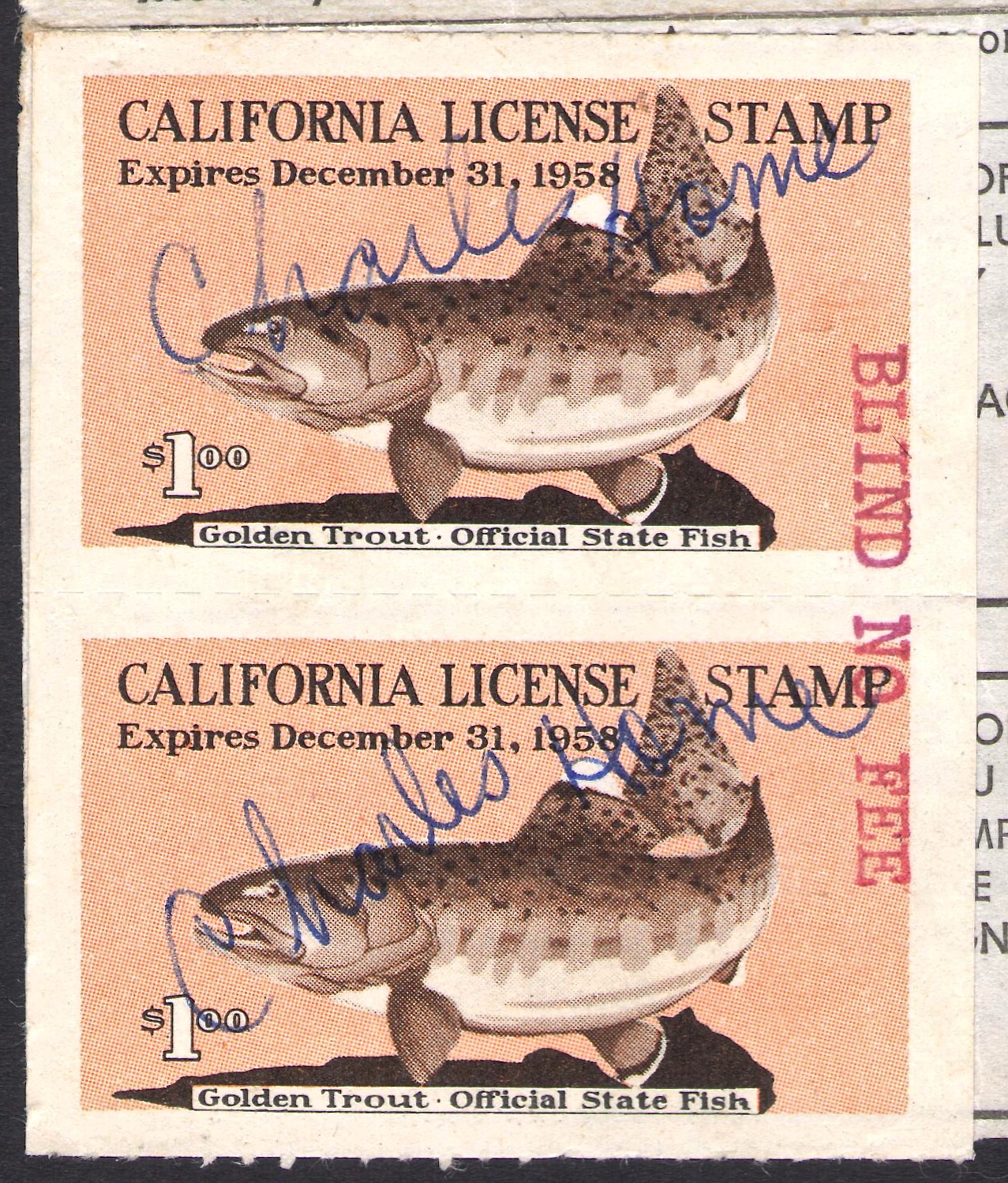 1958 California Fishing Overprinted "BIND NO FEE" in Red