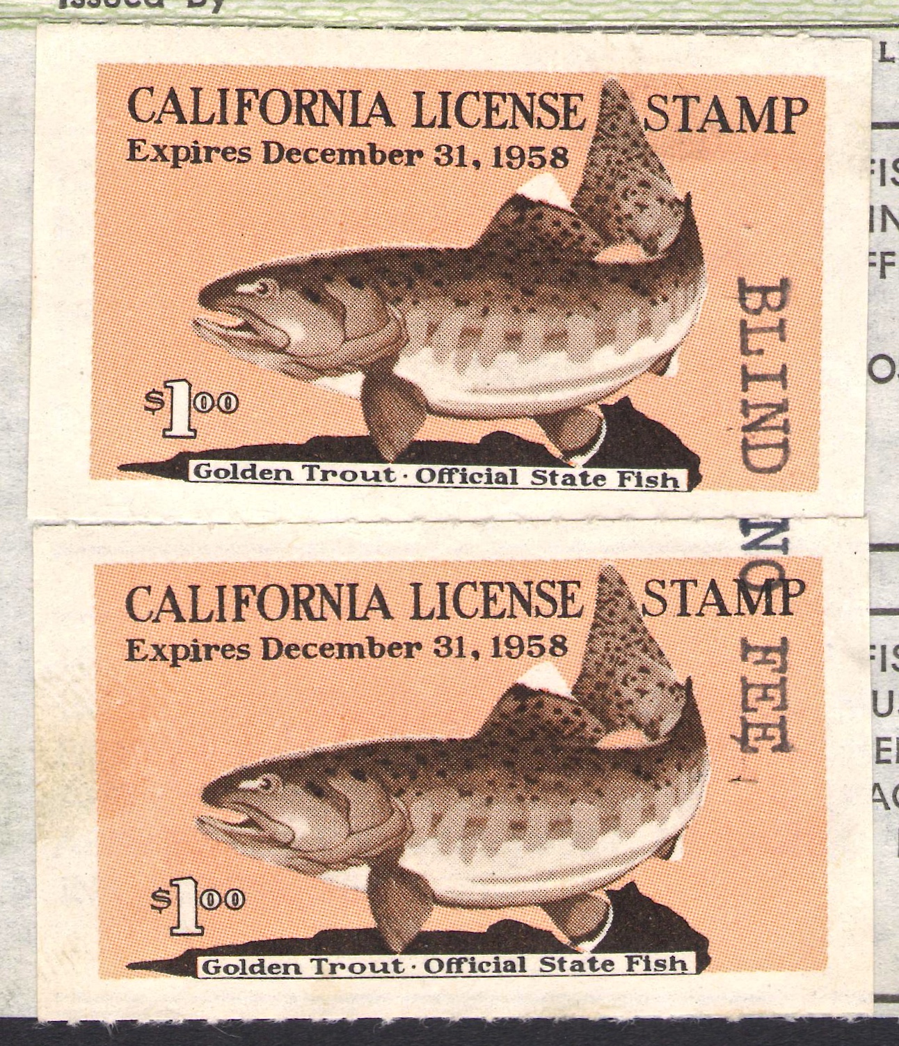 1958 California Fishing Overprinted "BIND NO FEE" in Black