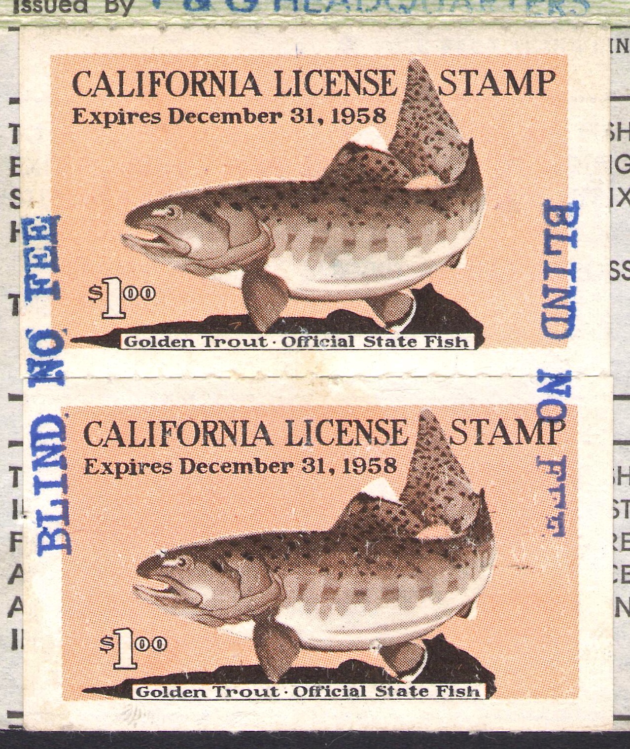 1958 California Fishing Overprinted "BIND NO FEE" in Blue (double strike)