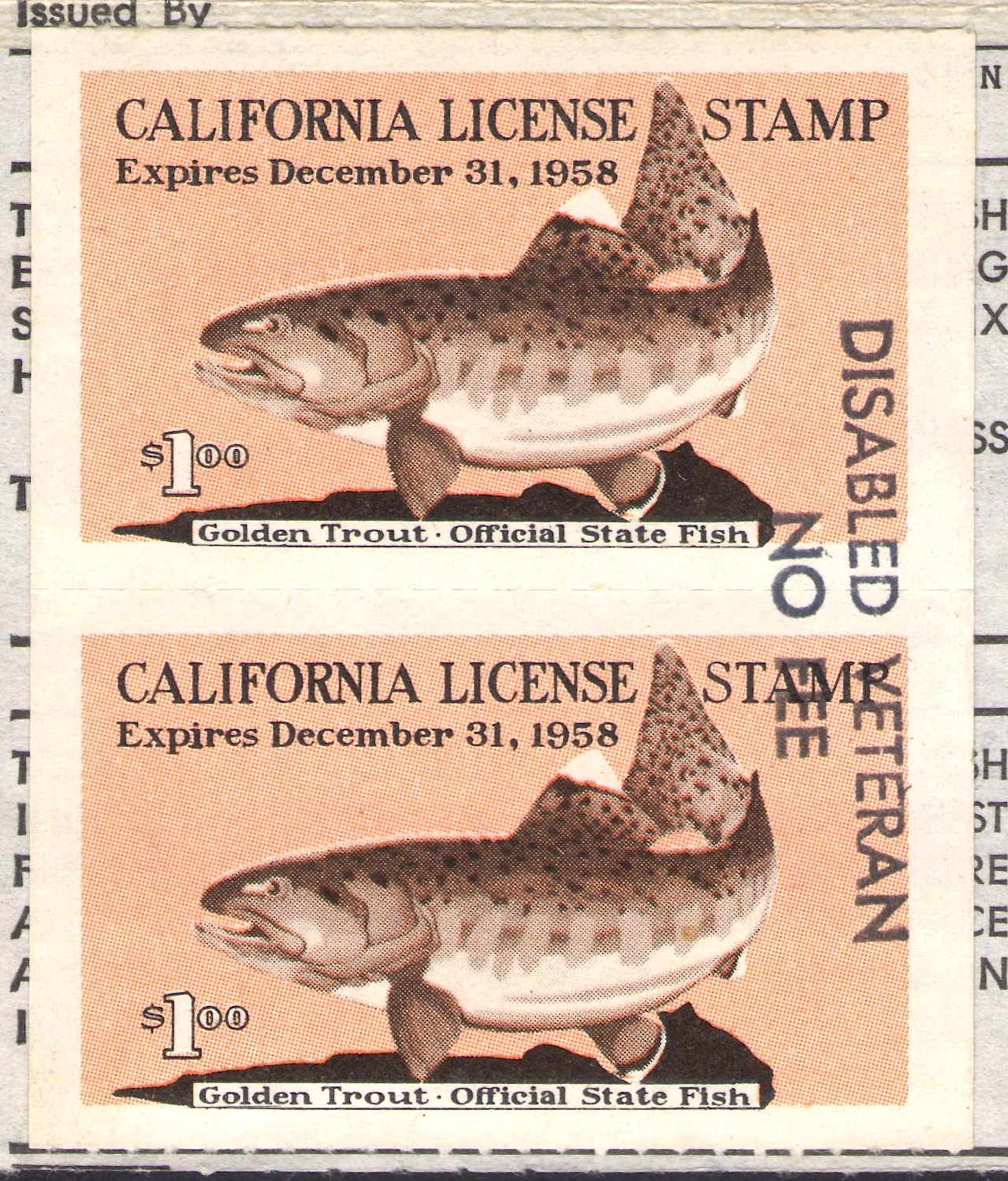 1958 California Fishing Overprinted "DISABLED VETERAN / NO FEE" in Black