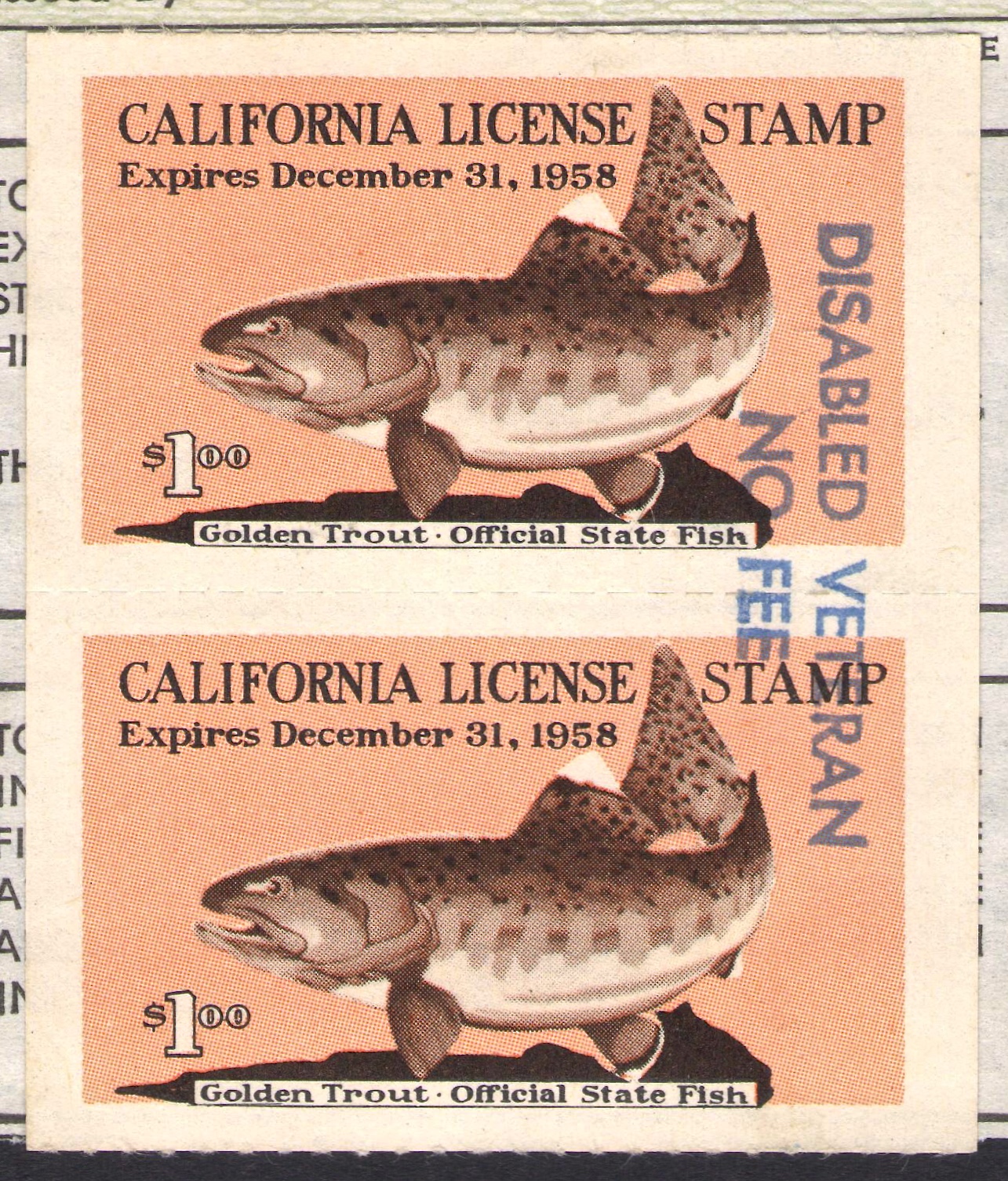 1958 California Fishing Overprinted "DISABLED VETERAN / NO FEE" in Blue