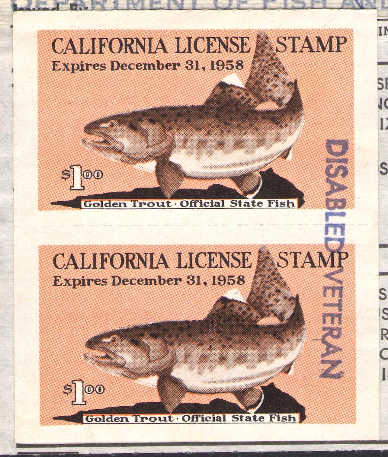 1958 California Fishing Overprinted "DISABLED VETERAN" in Blue