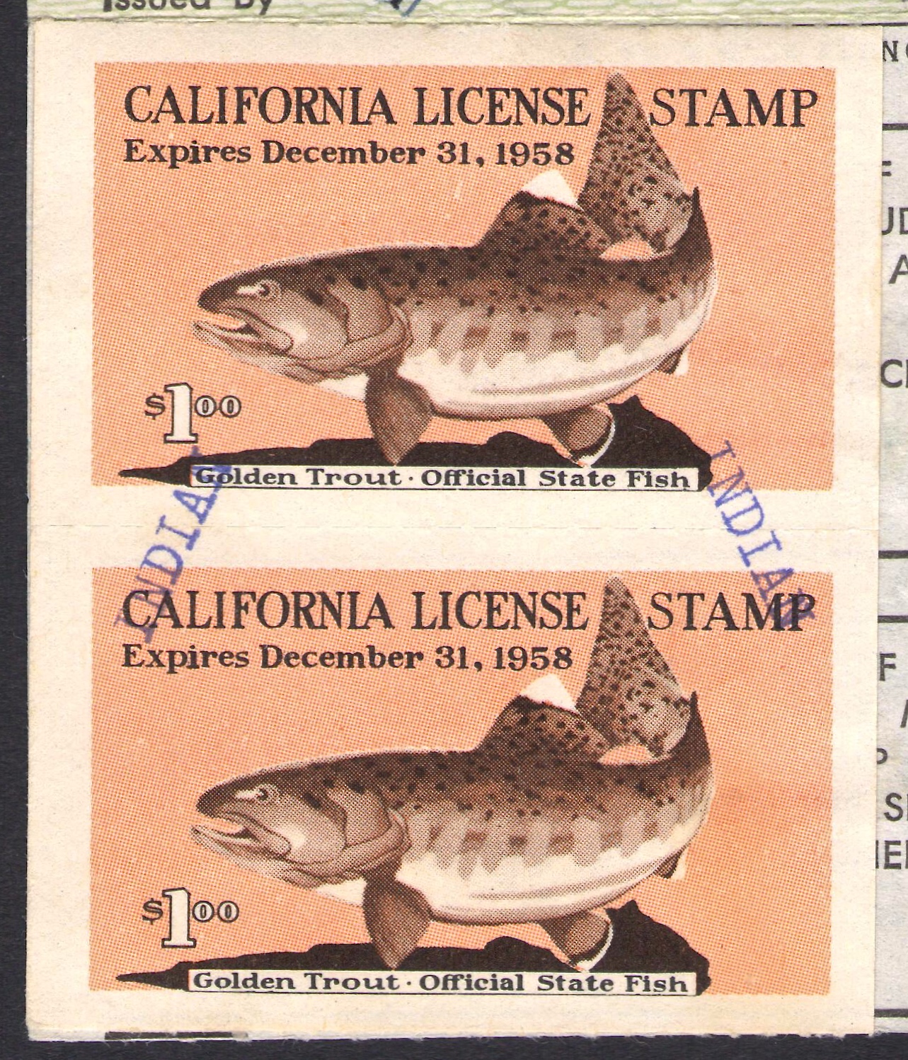 1958 California Fishing Overprinted "INDIAN" in Purple