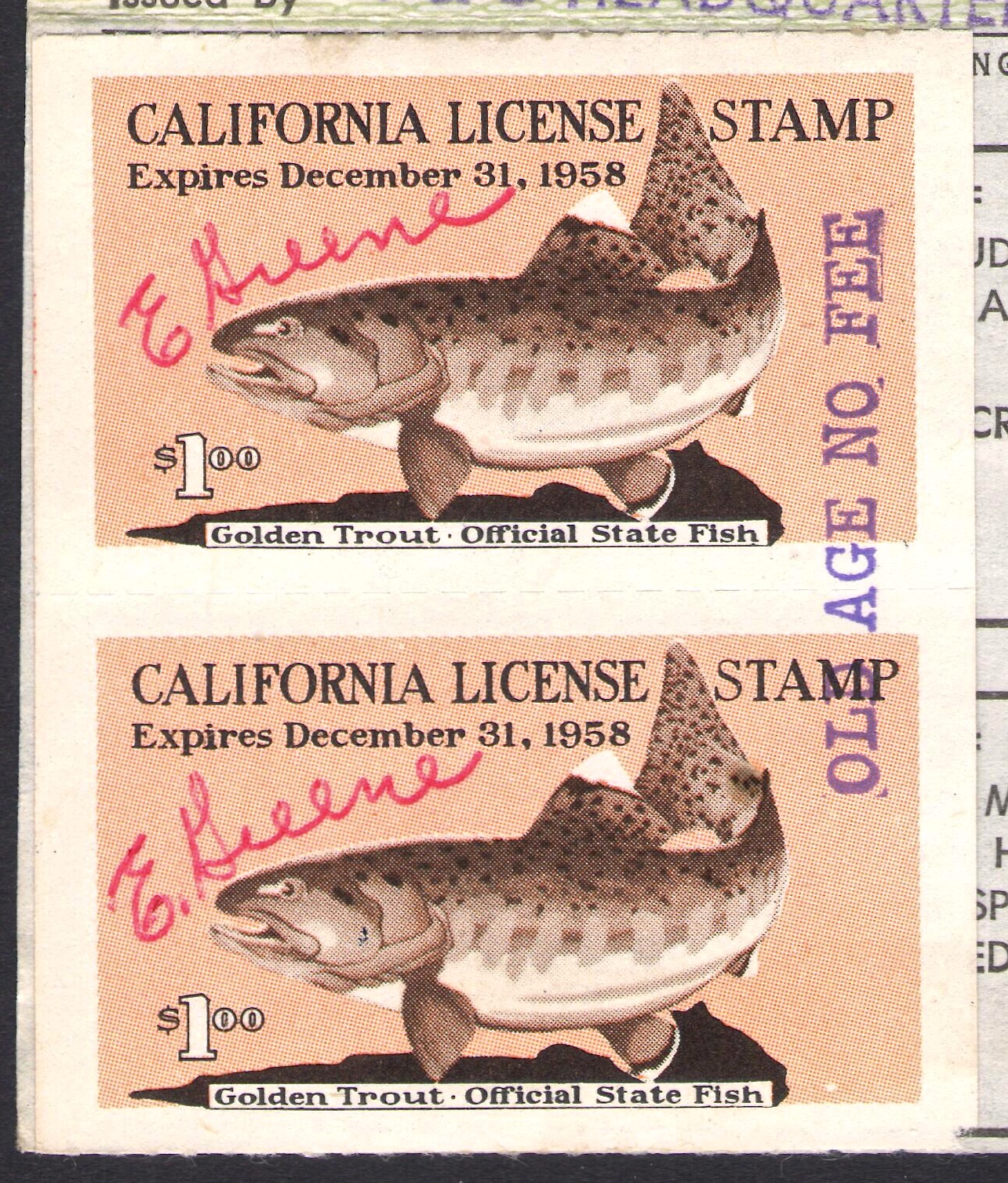 1958 California Fishing Overprinted "OLD AGE NO FEE" in Purple