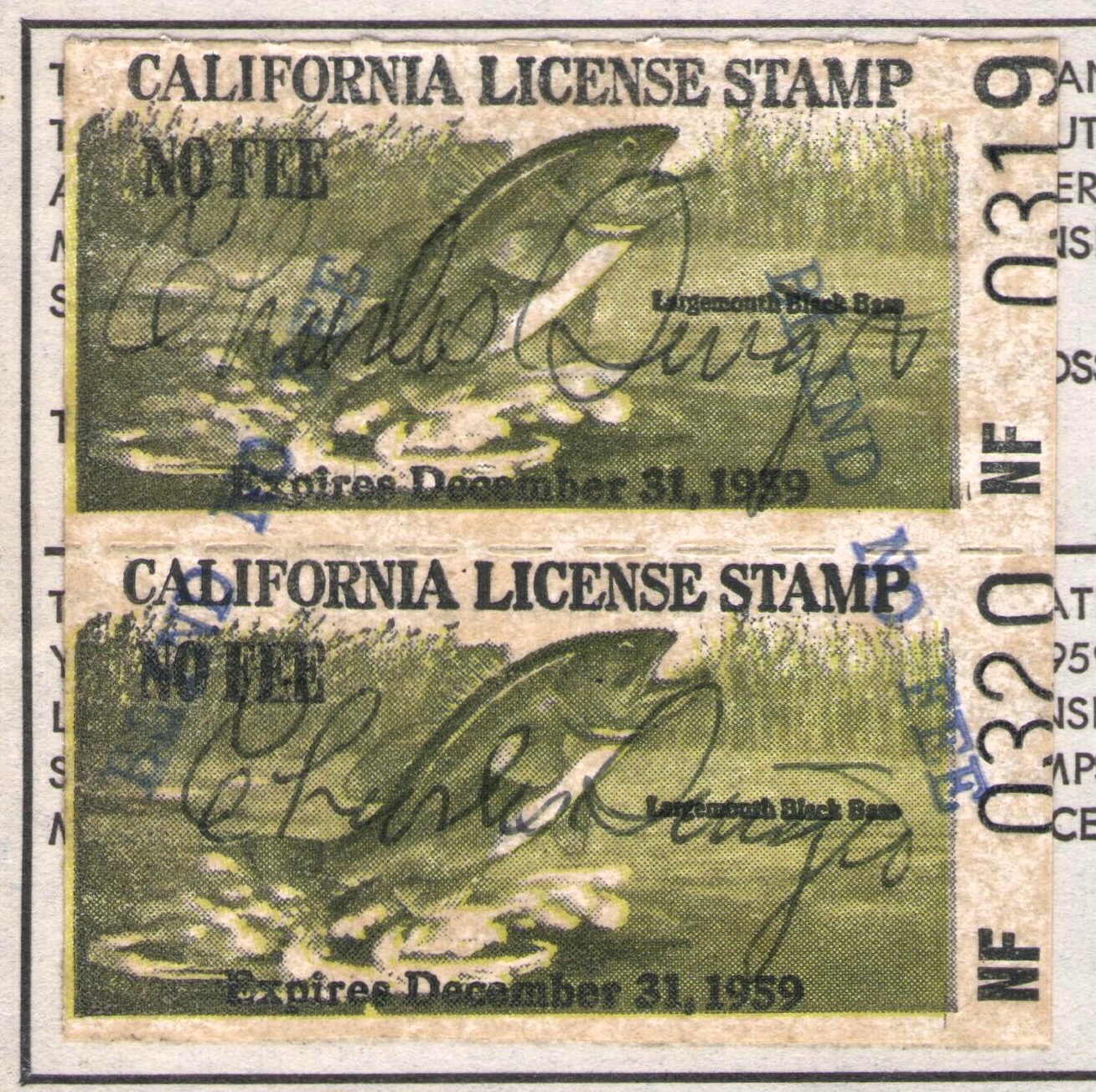1958 California Fishing Overprinted "BLIND NO FEE" in Blue