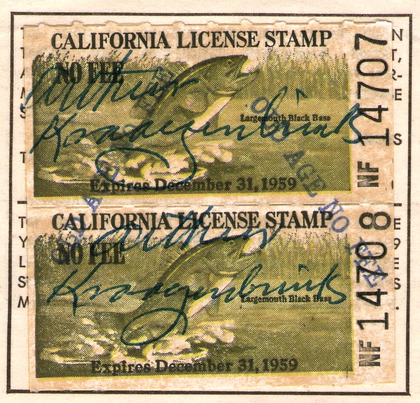 1959 California Fishing Overprinted "OLD AGE NO FEE" in Blue