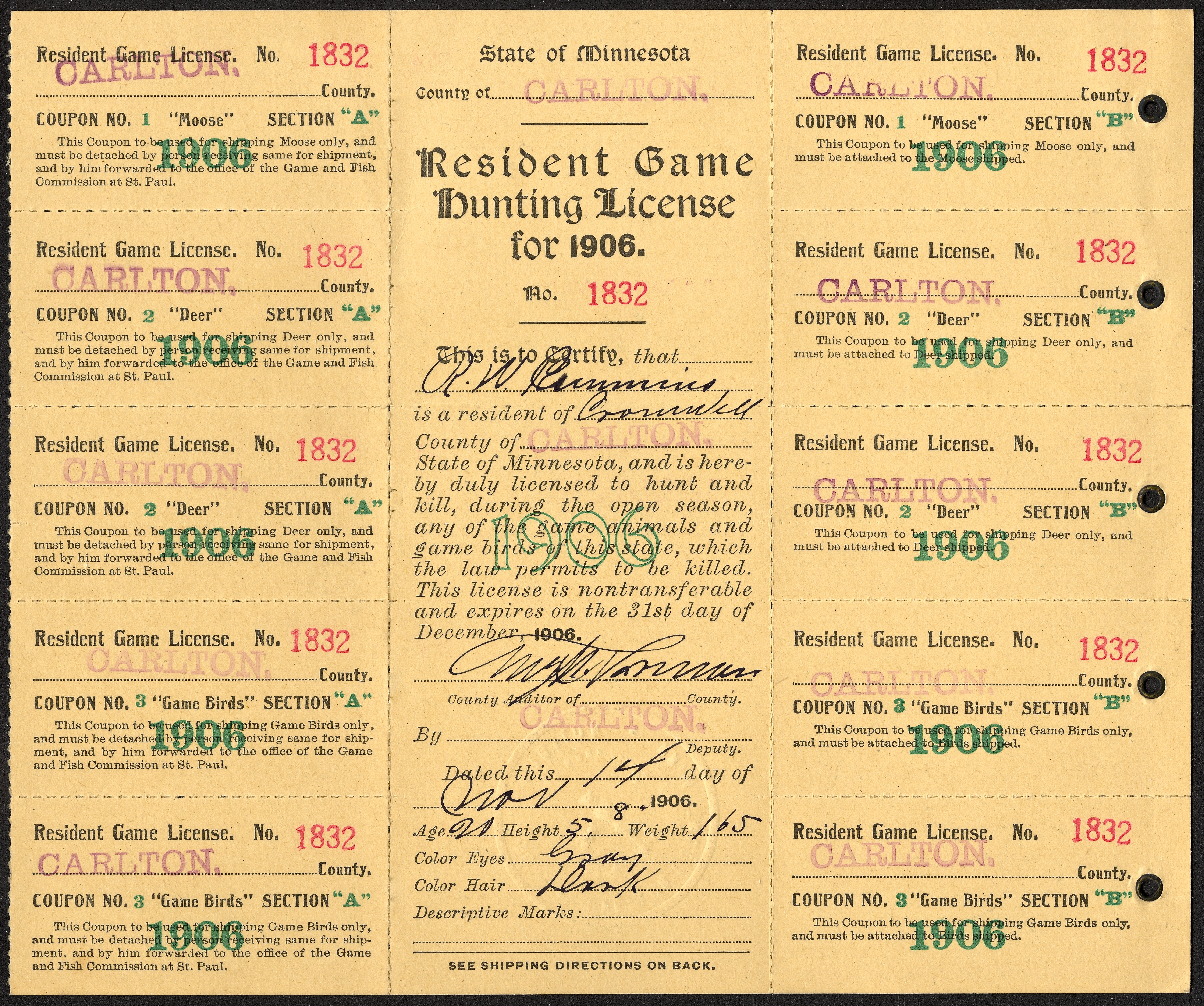 1906 Minnestoa Resident Game Hunting License Complete with Tags
