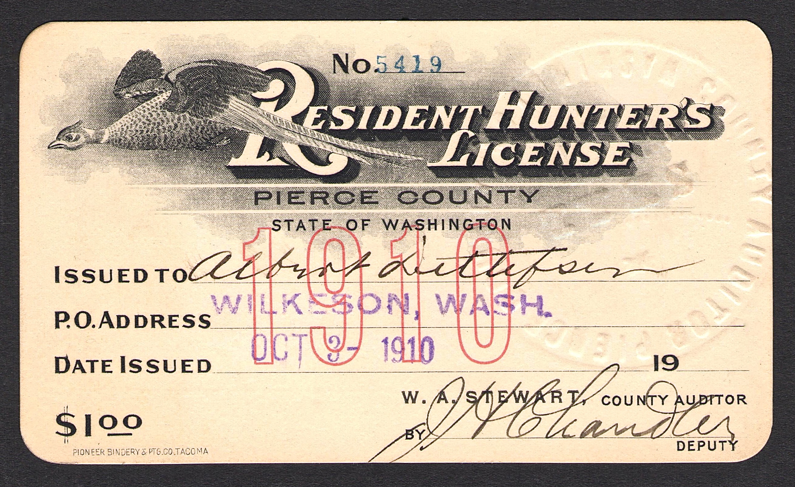 1910 Pierce County, Washington Resident Hunter's License