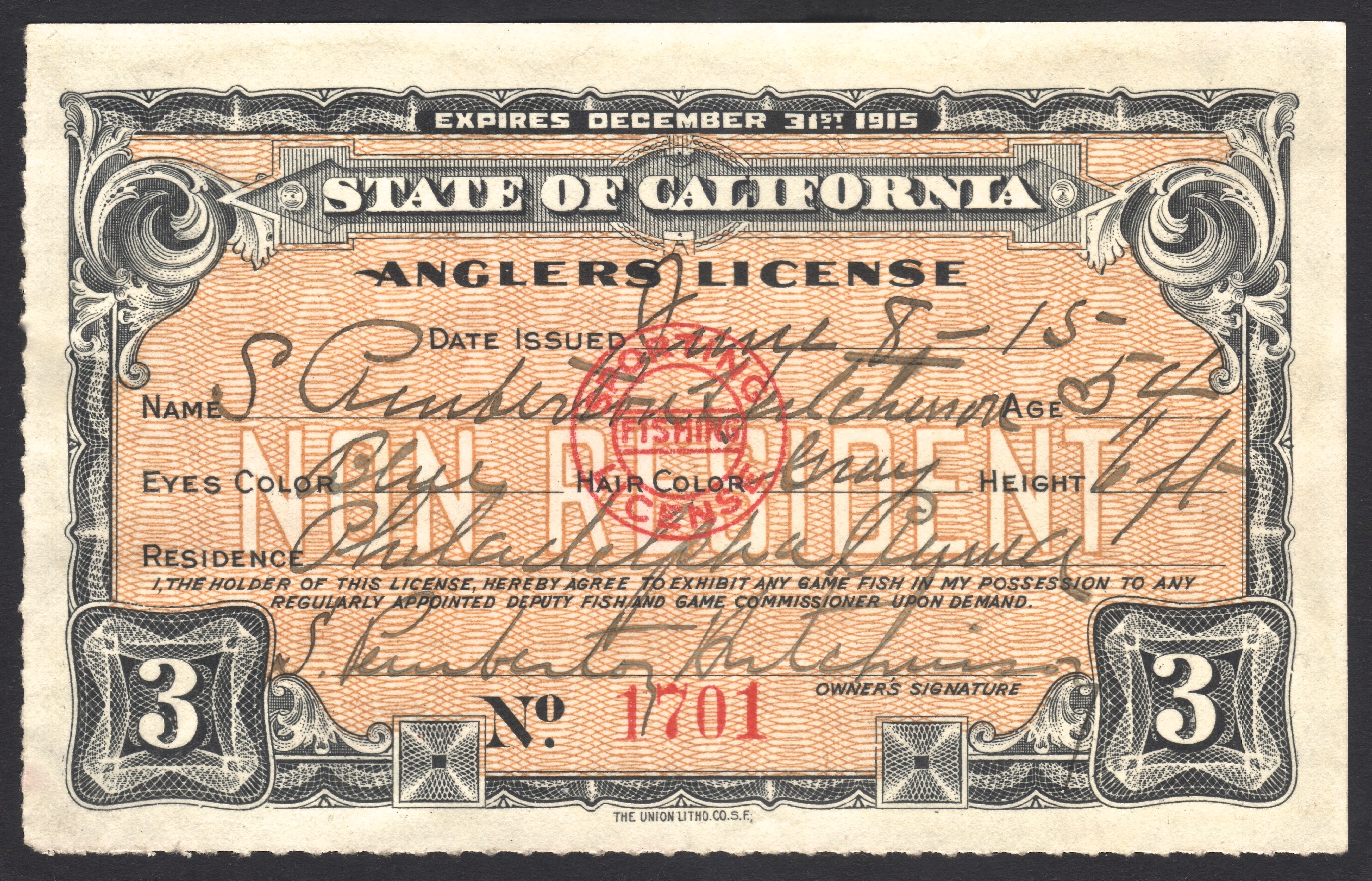 1915 California NR Anglers License