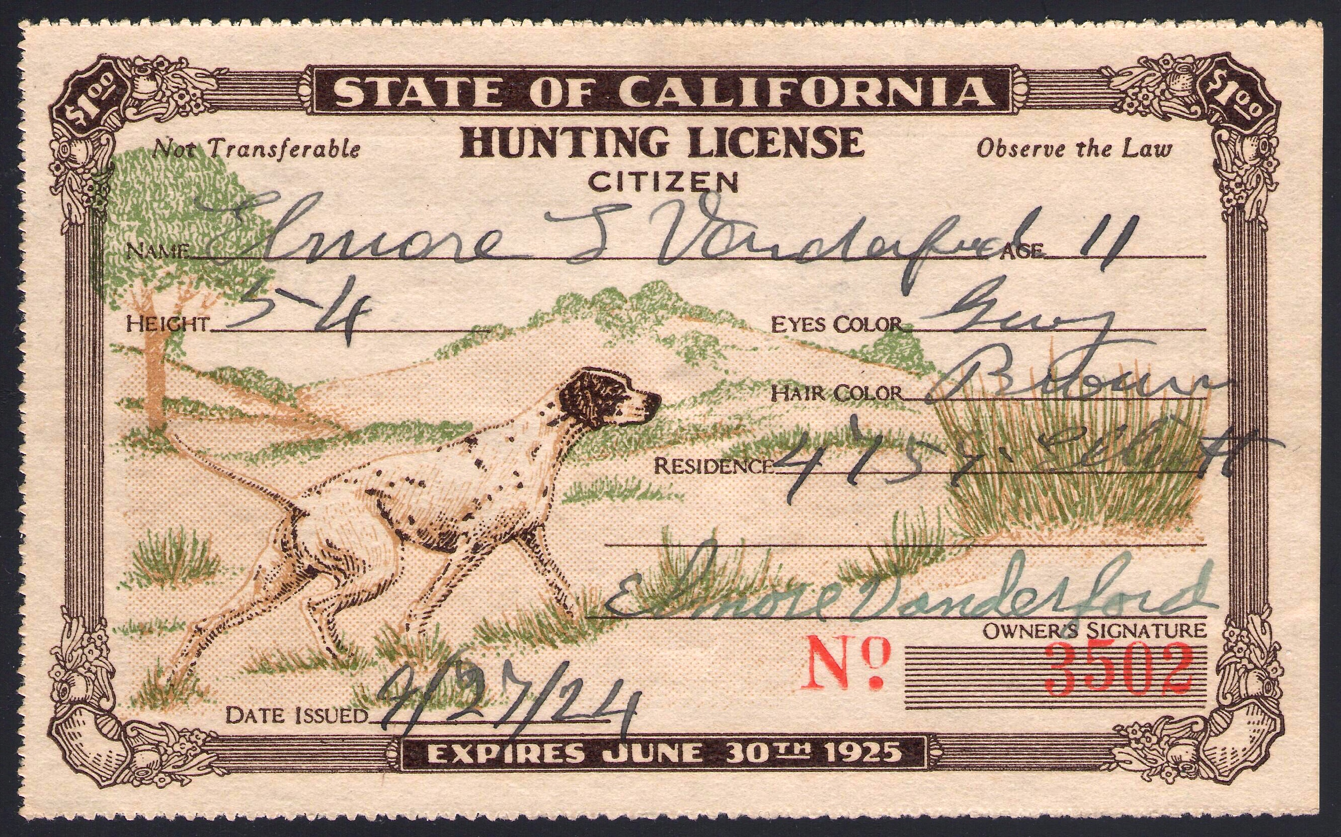 E.L. Vanderford's Second Hunting License – Age 11 