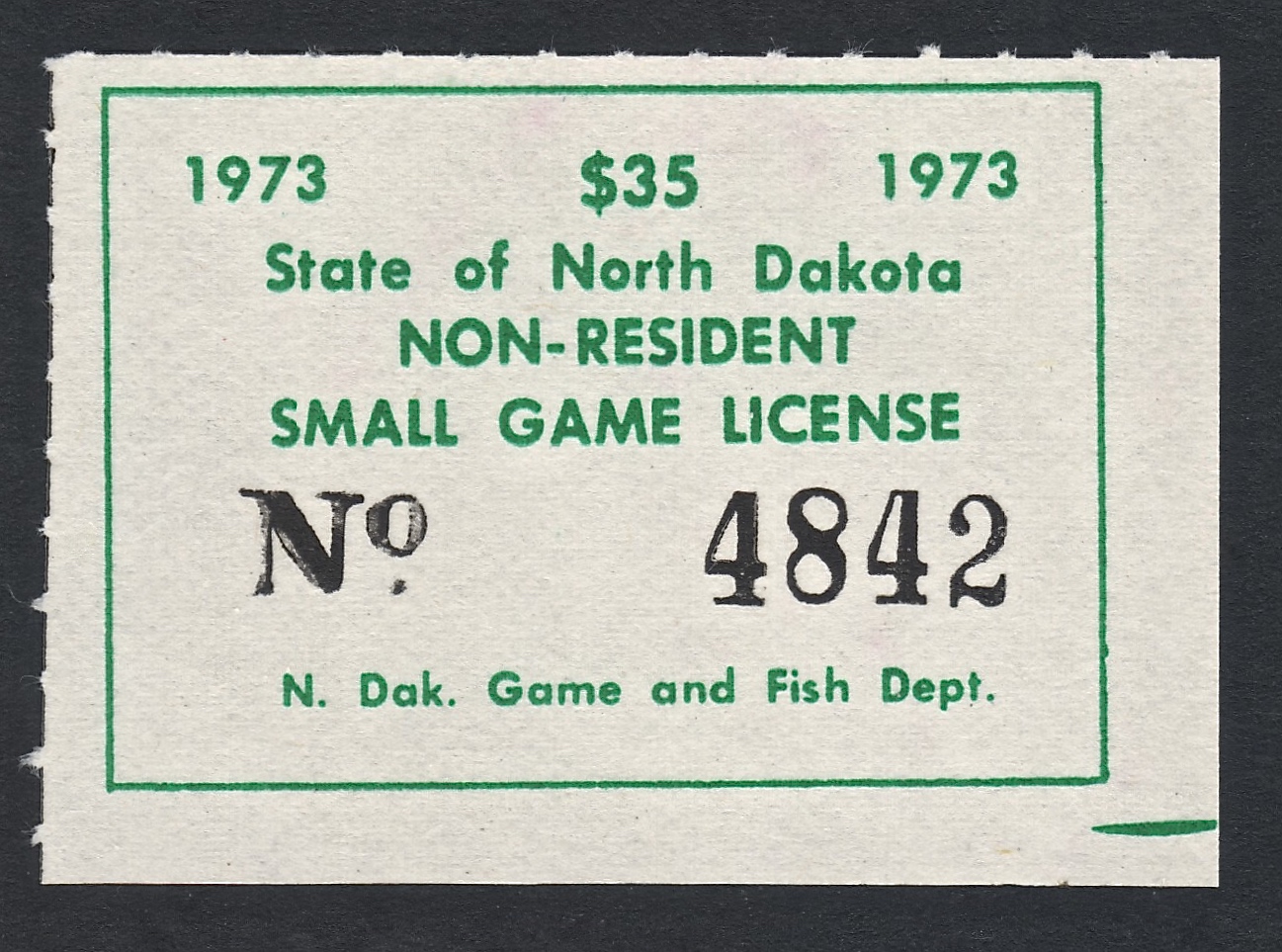 Unused 1973 North Dakota NR Small Game